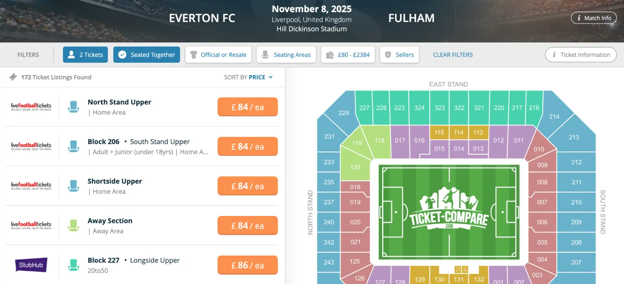 screenshot of Everton FC vs Fulham match tickets on fy-nraig.net