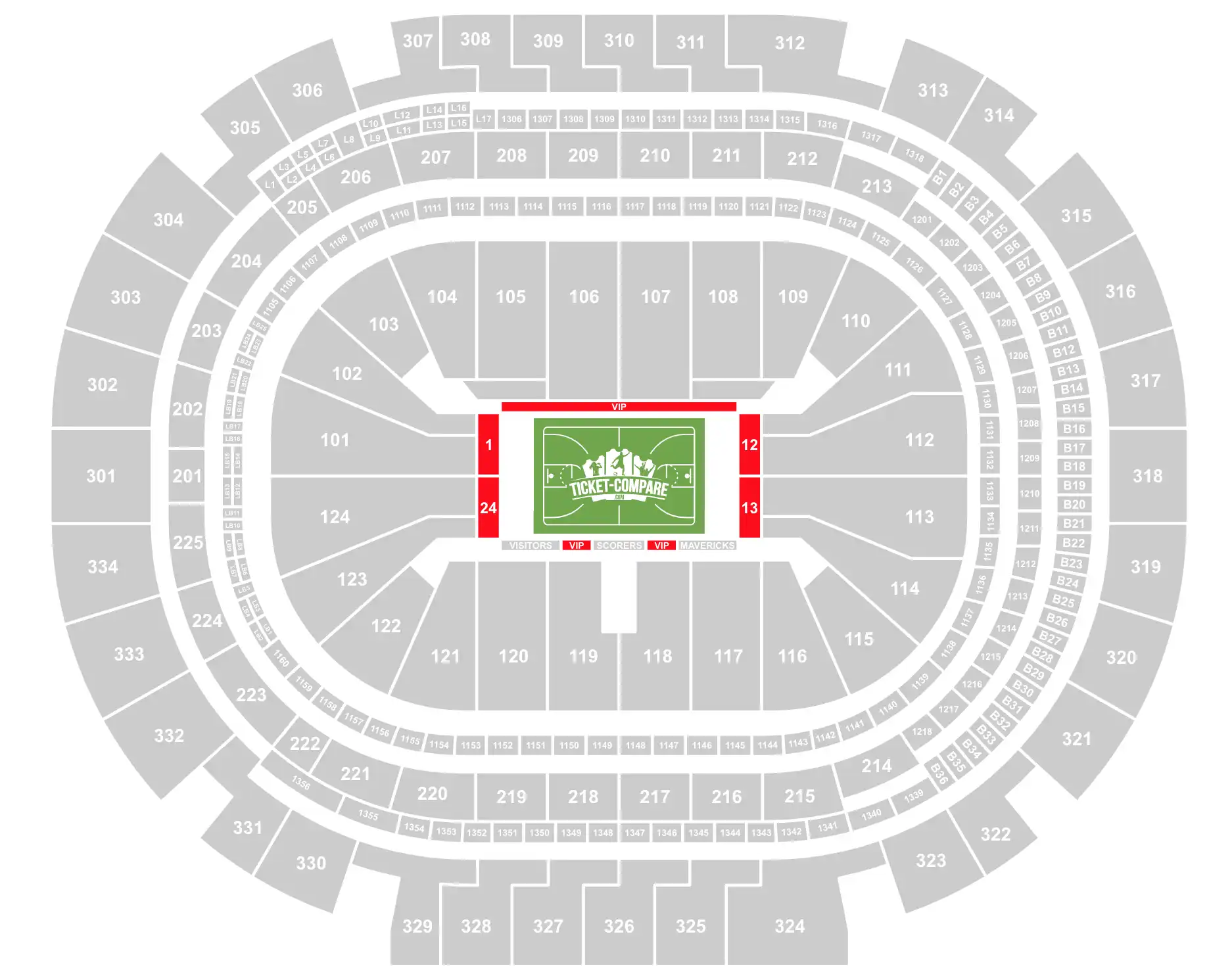 screenshot of American Airlines Center seating plan with 1,12,13, 24 and VIP sectors highlighted