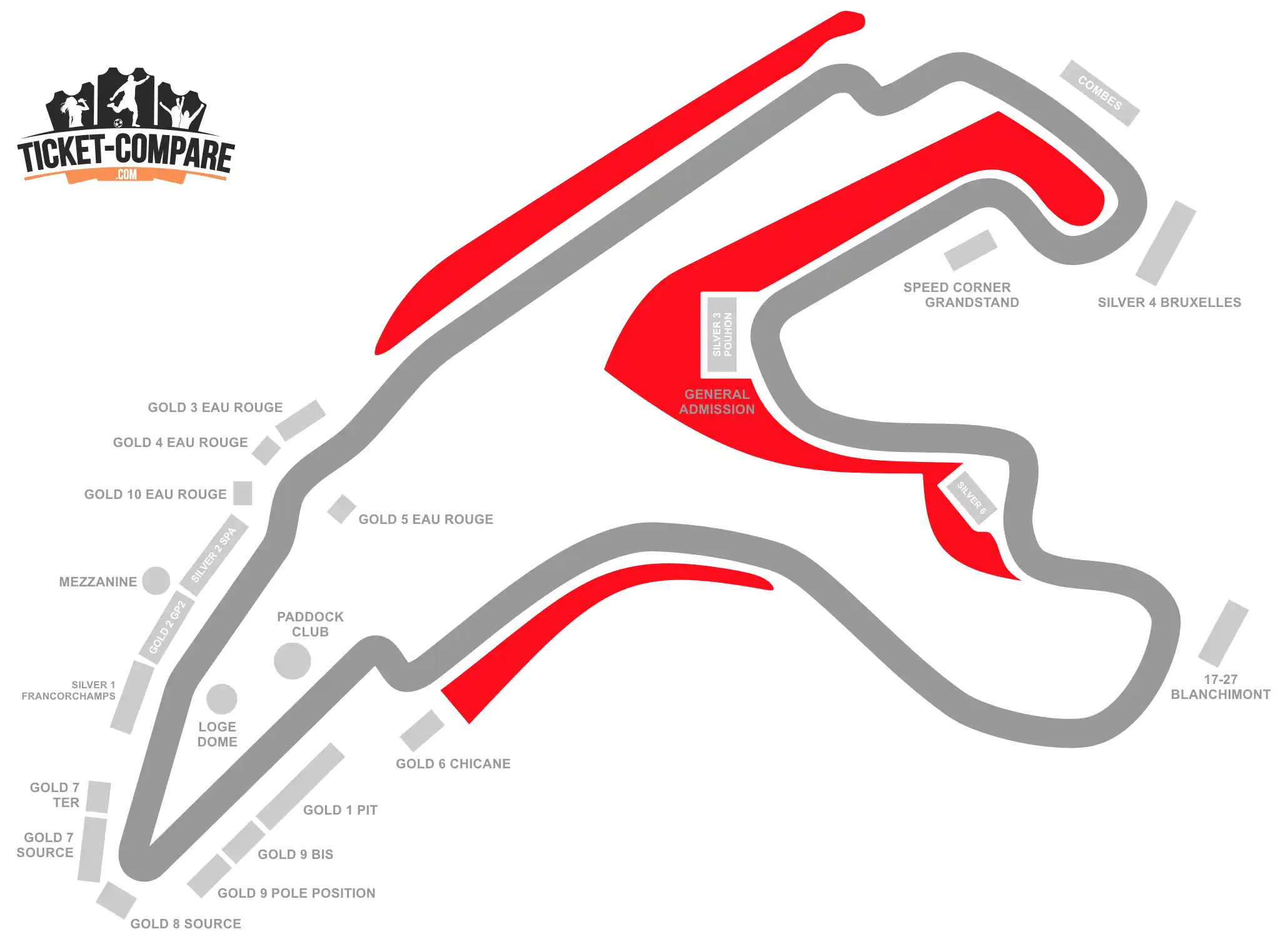 ScreenShot of Circuit de Spa-Francorchamps Seating Plan with General Admission stands highlighted