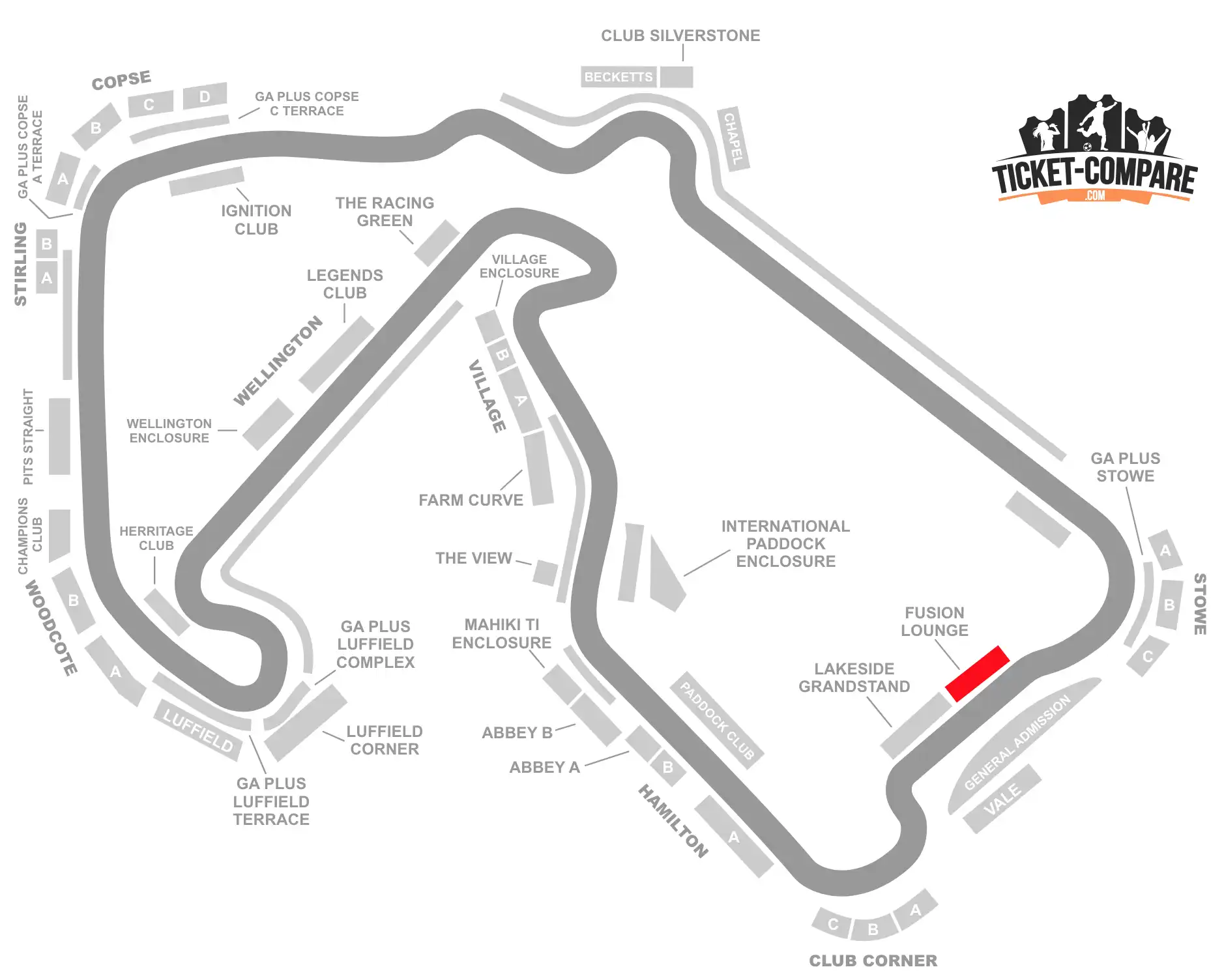 ScreenShot of Silverstone Circuit Seating plan with the Fusion Lounge highlighted
