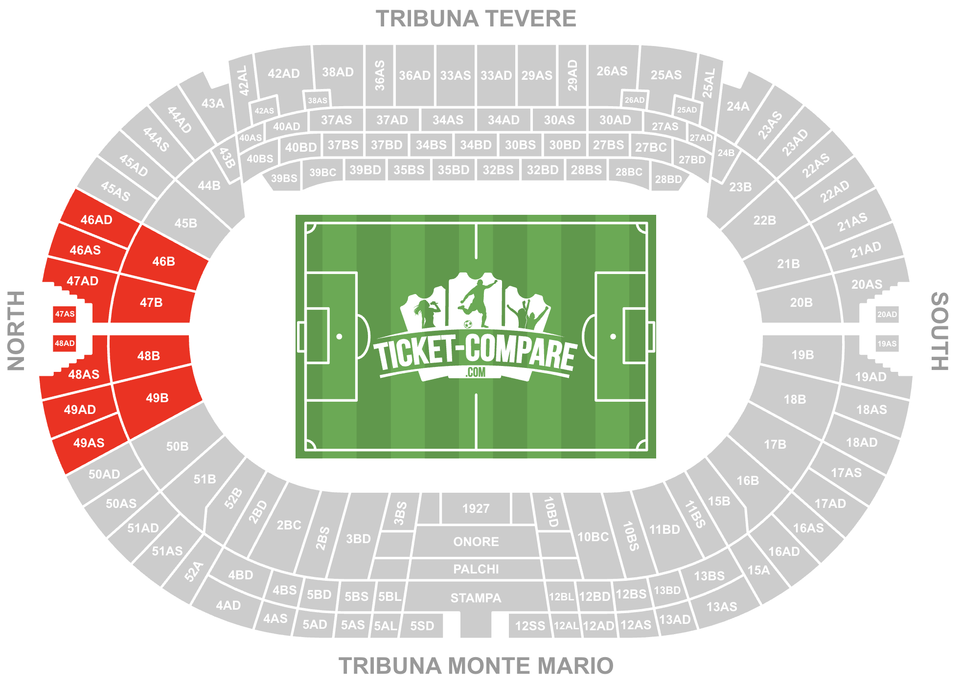 Screenshot of Stadio Olimpico Seating Plan with the Curva Nord highlighted