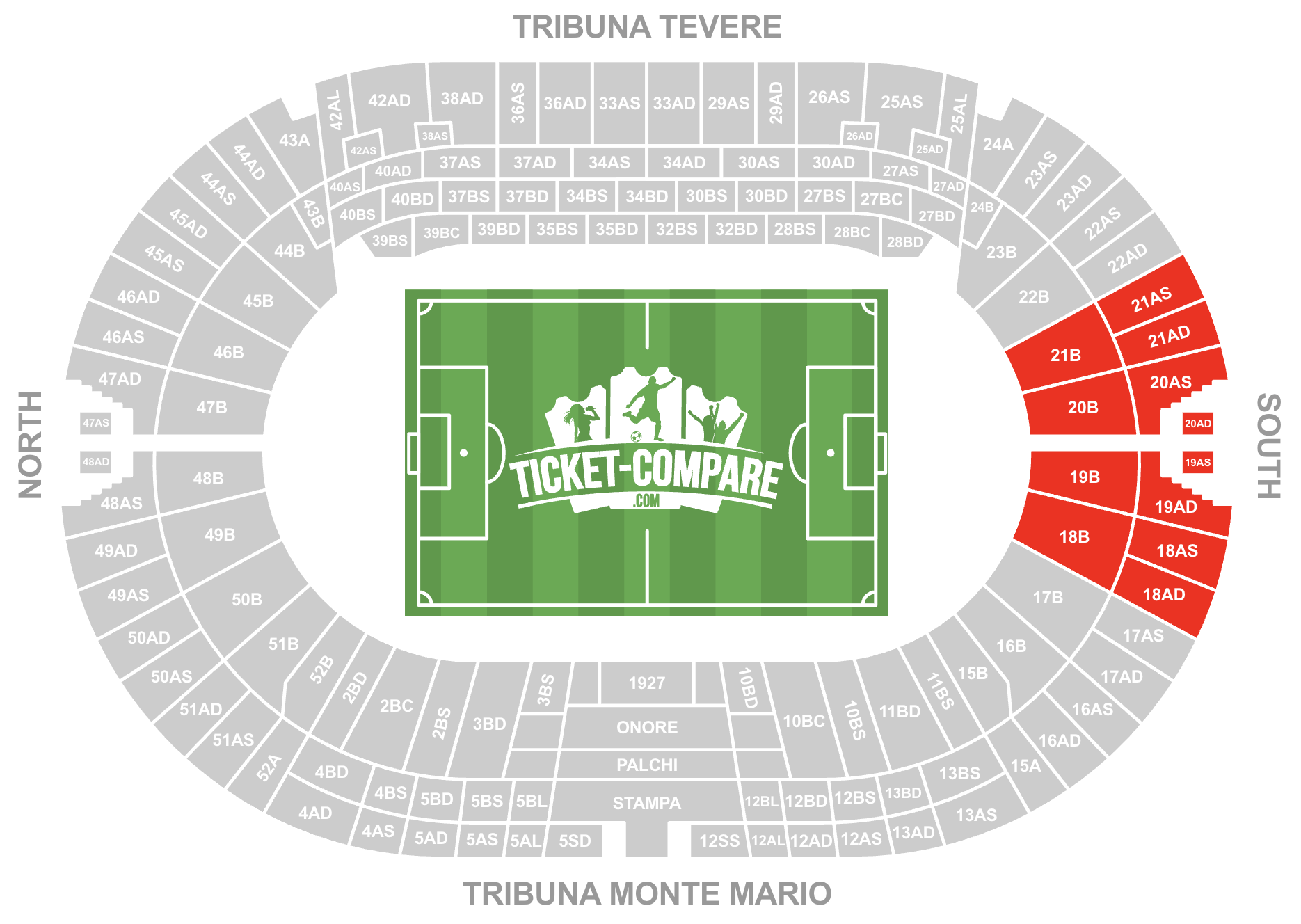 Screenshot of Stadio Olimpico Seating Plan with the Curva Sud highlighted