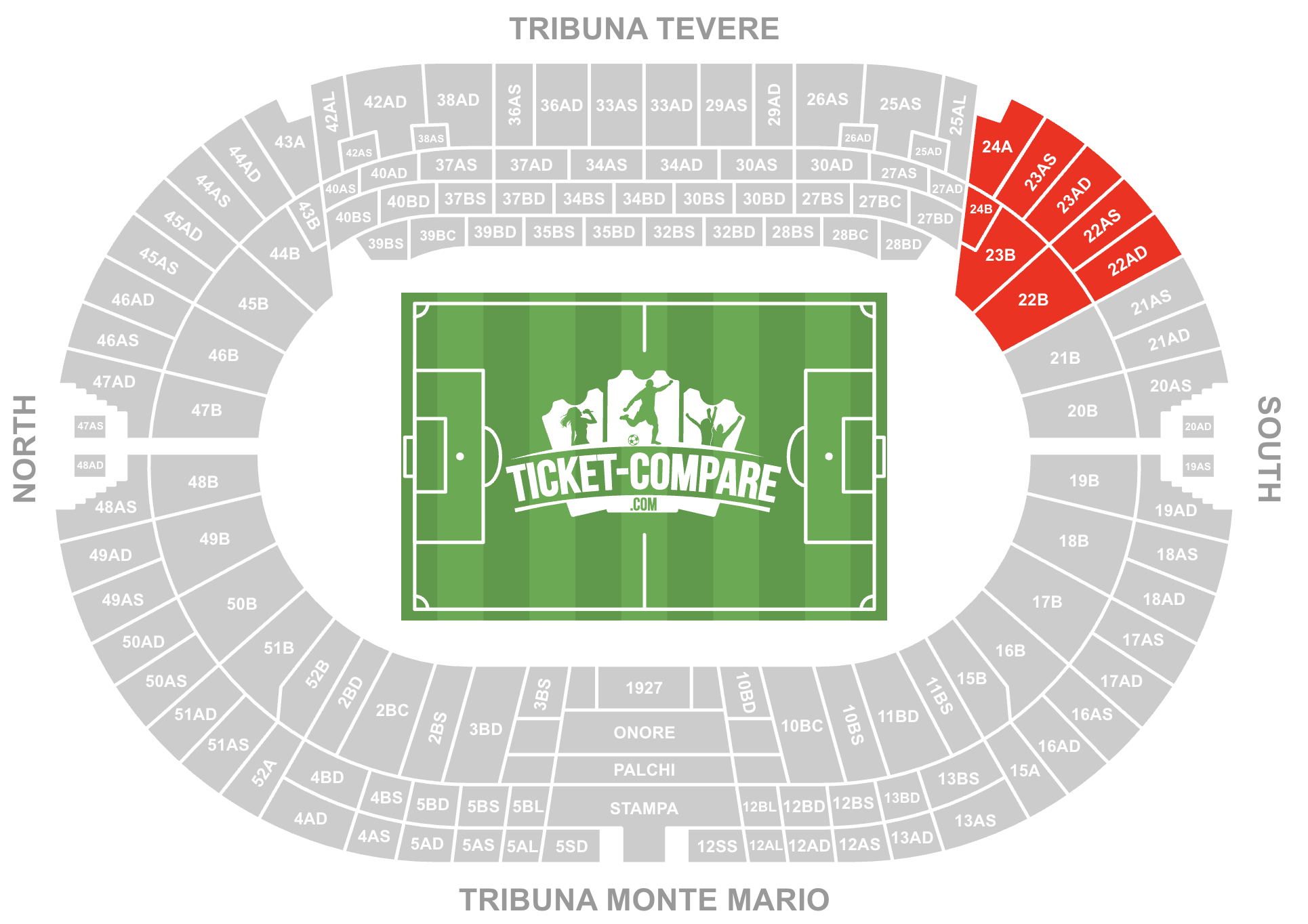 Screenshot of Stadio Olimpico Seating Plan with the Distinti Sud Est highlighted