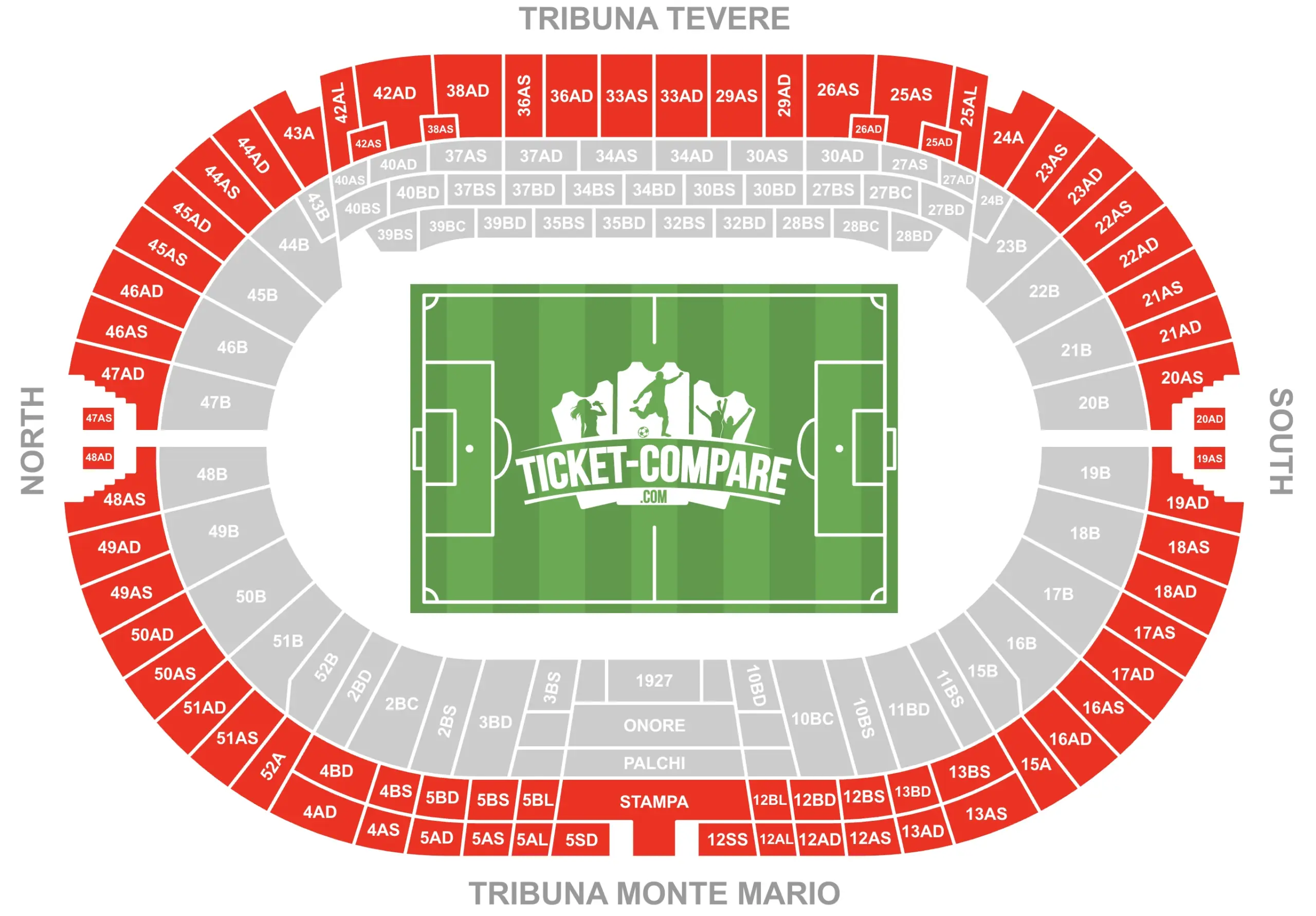 Screenshot of Stadio Olimpico Seating plan with the Upper tier highlighted