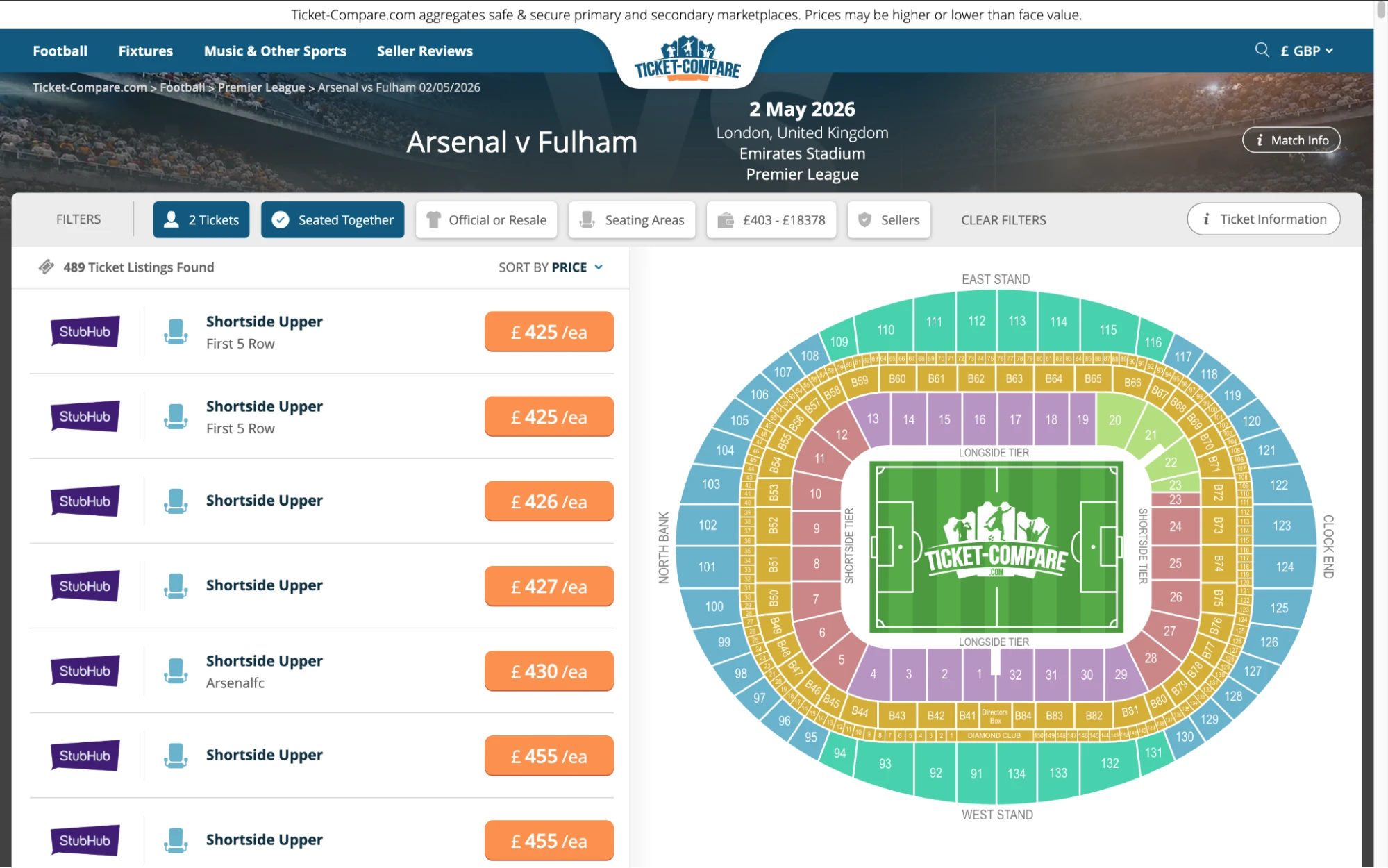 Screenshot of Arsenal v Fulham tickets page on fy-nraig.net