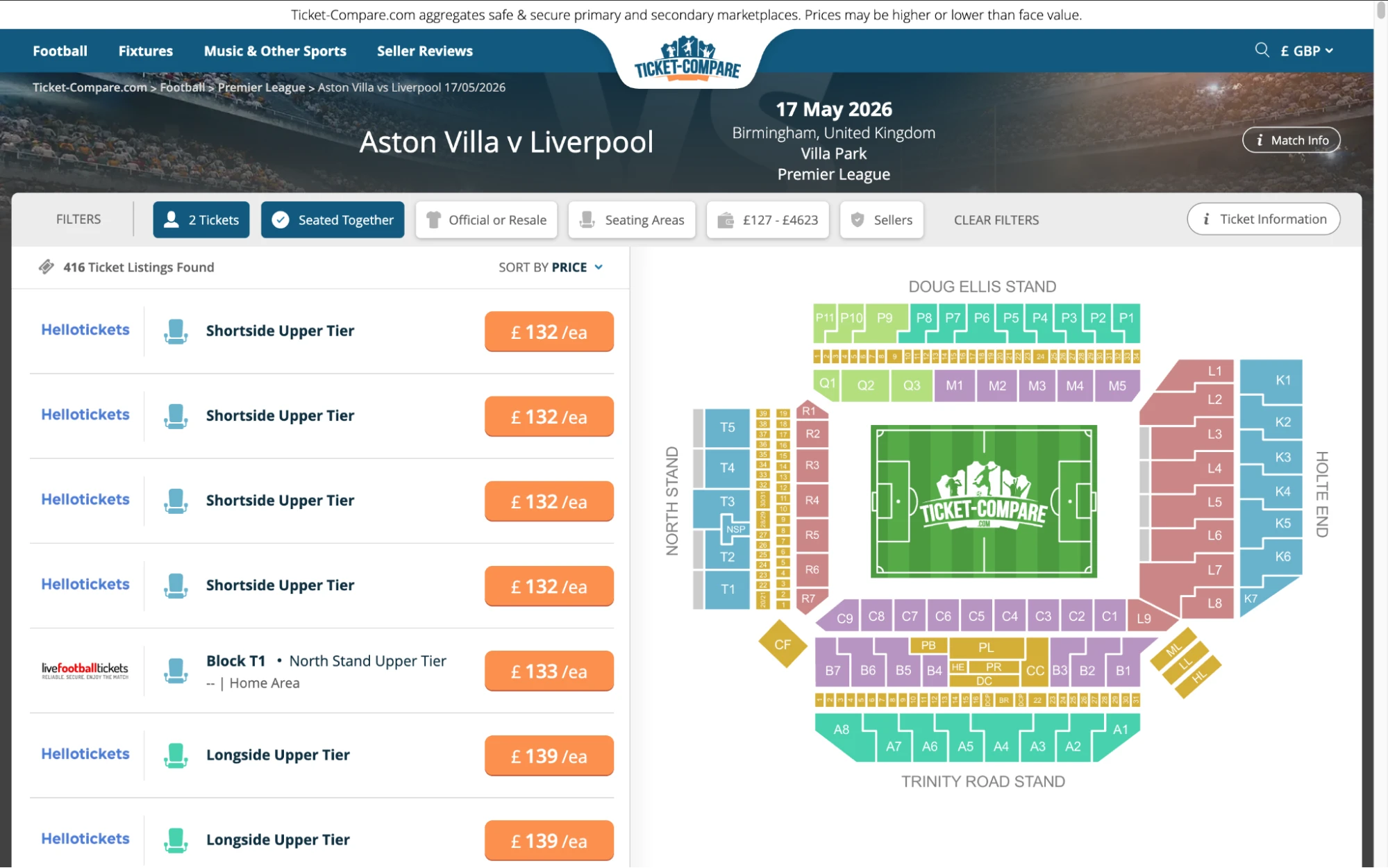 Screenshot of Aston Villa v Liverpool tickets page on fy-nraig.net
