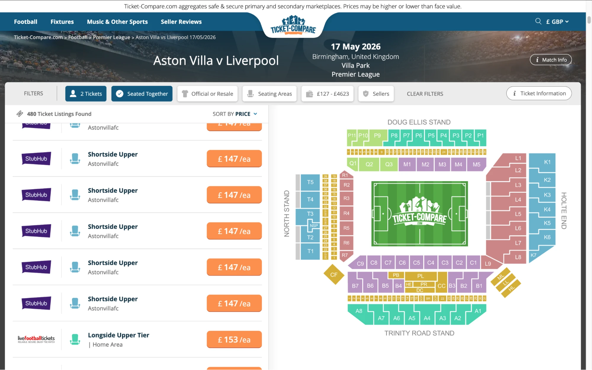 Screenshot of Aston Villa v Liverpool tickets page on fy-nraig.net