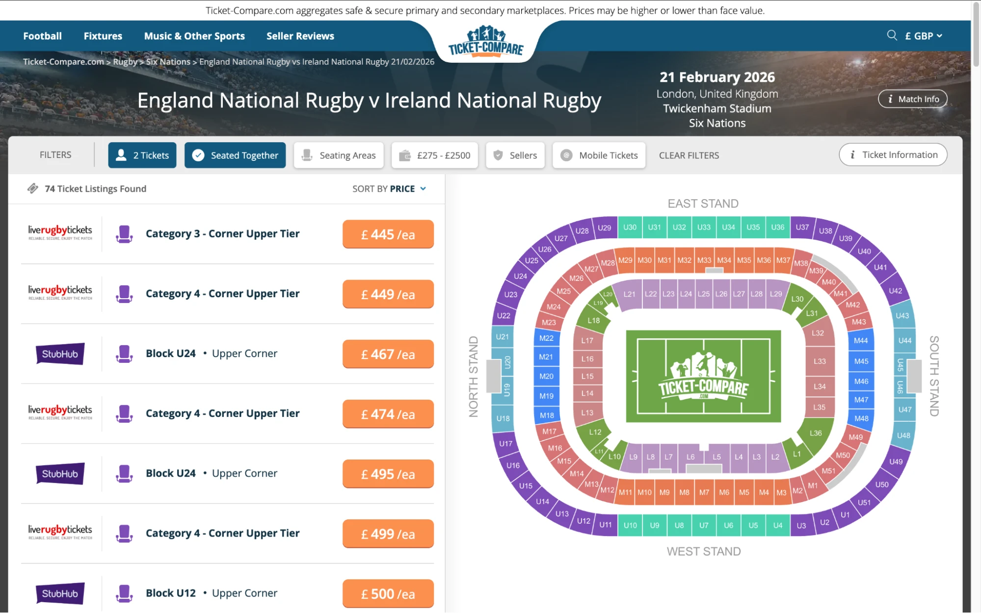 Screenshot of England National Rugby v Ireland National Rugby tickets page on fy-nraig.net