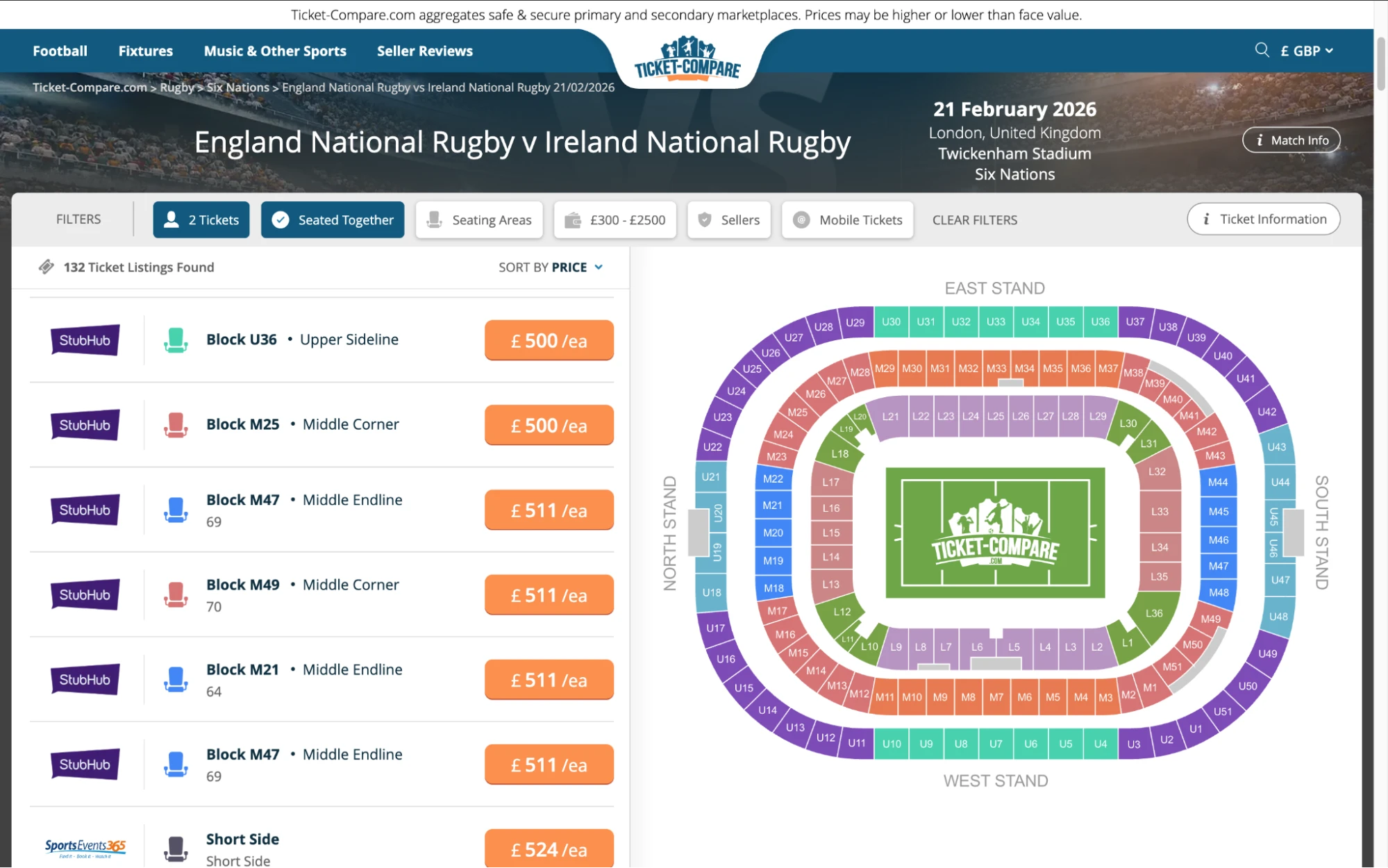 Screenshot of England National Rugby v Ireland National Rugby tickets page on fy-nraig.net