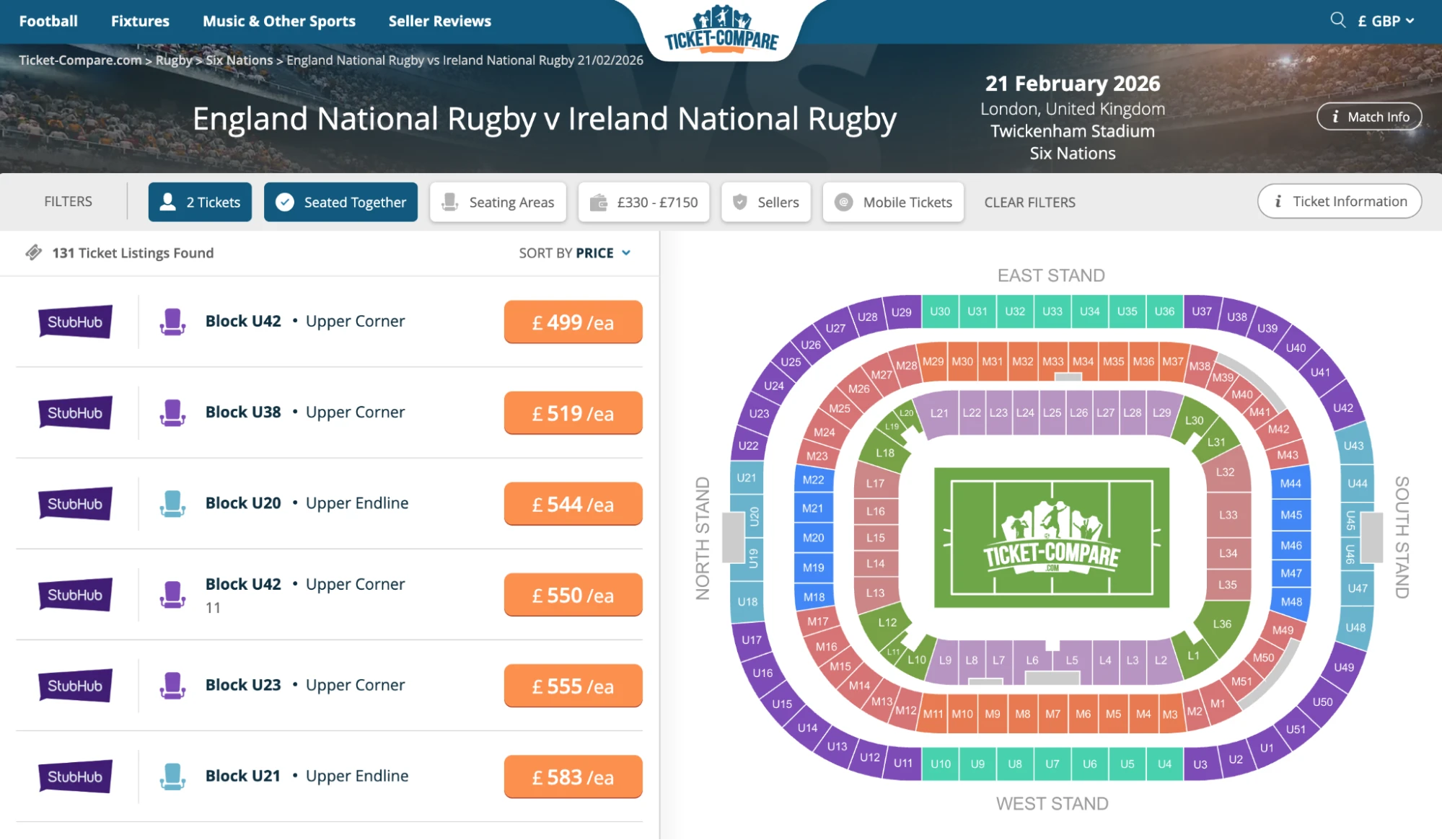 Screenshot of England National Rugby v Ireland National Rugby tickets page on fy-nraig.net