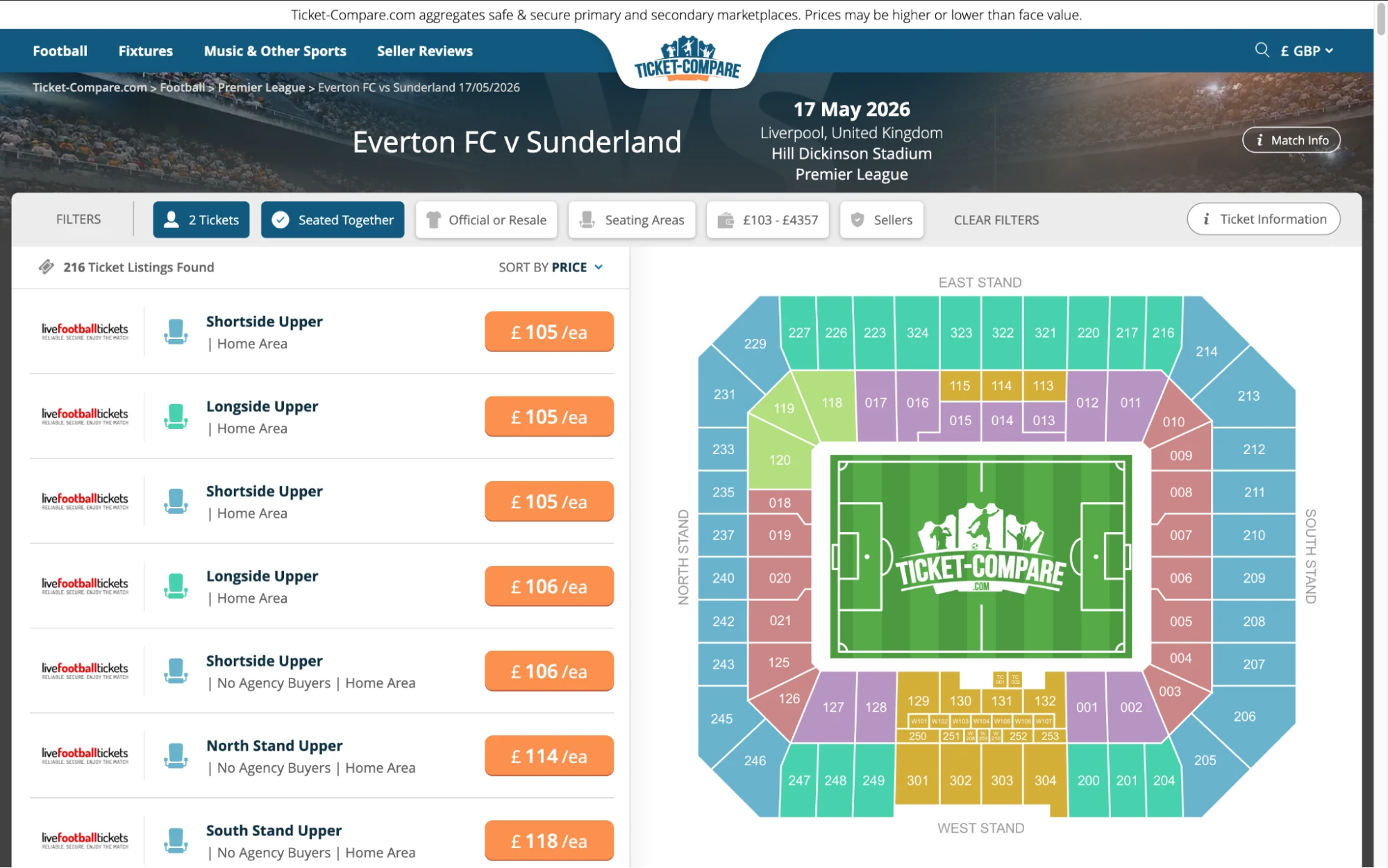 Screenshot of Everton v Sunderland tickets page on fy-nraig.net