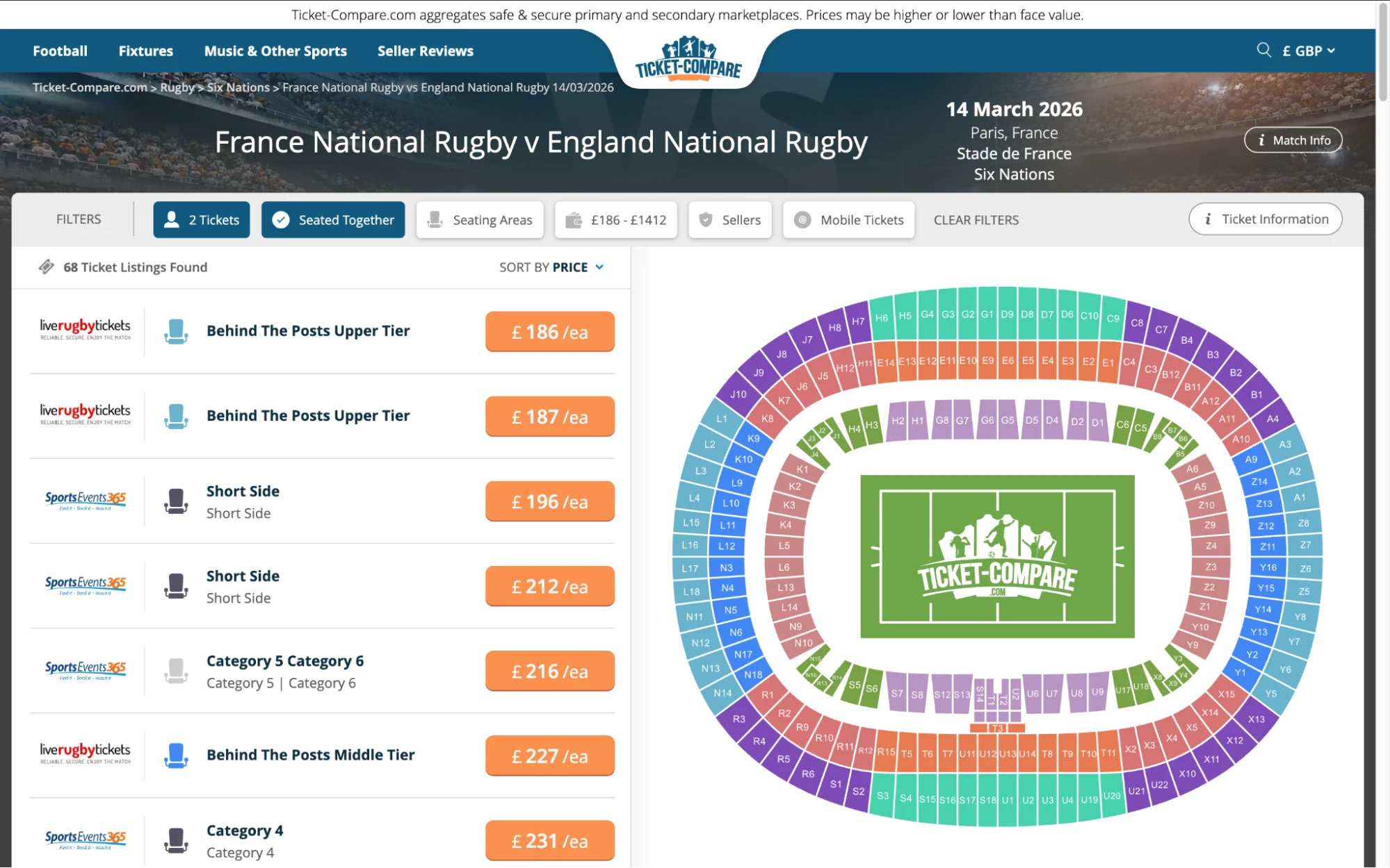 Screenshot of France National Rugby v England National Rugby tickets page on fy-nraig.net