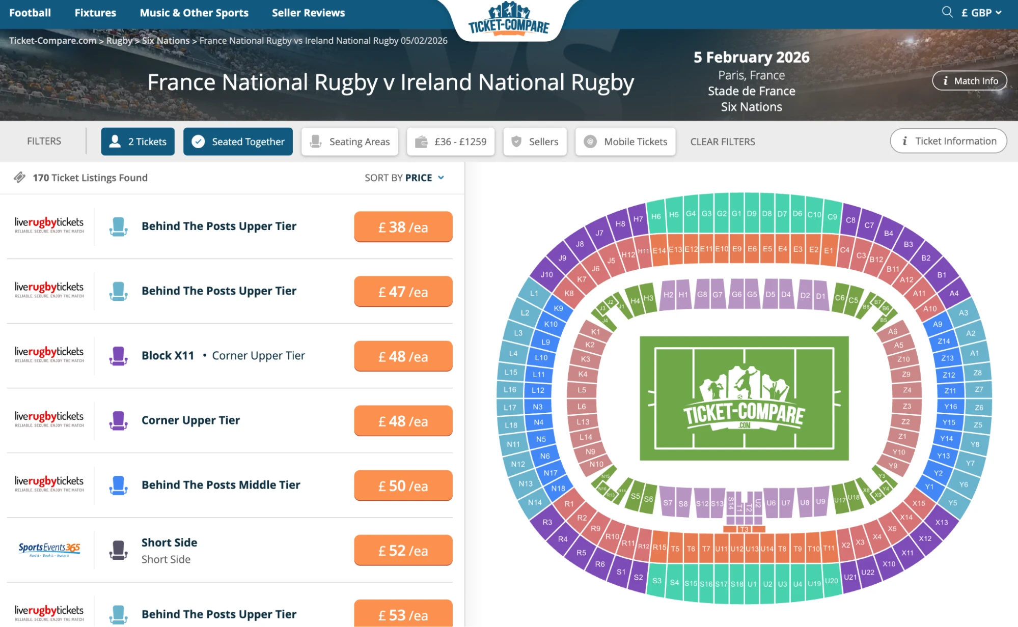 Screenshot of France National Rugby v Ireland National Rugby tickets on fy-nraig.net