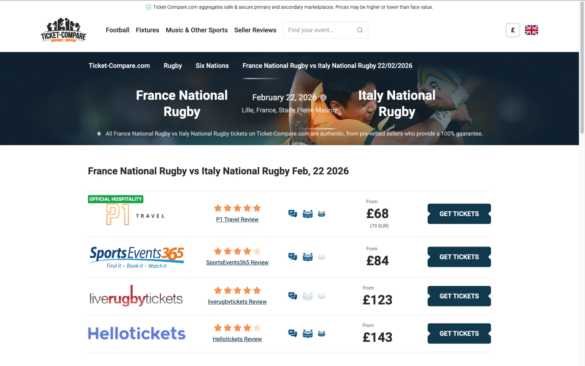 Screenshot of France National Rugby v Italy National Rugby tickets page on fy-nraig.net