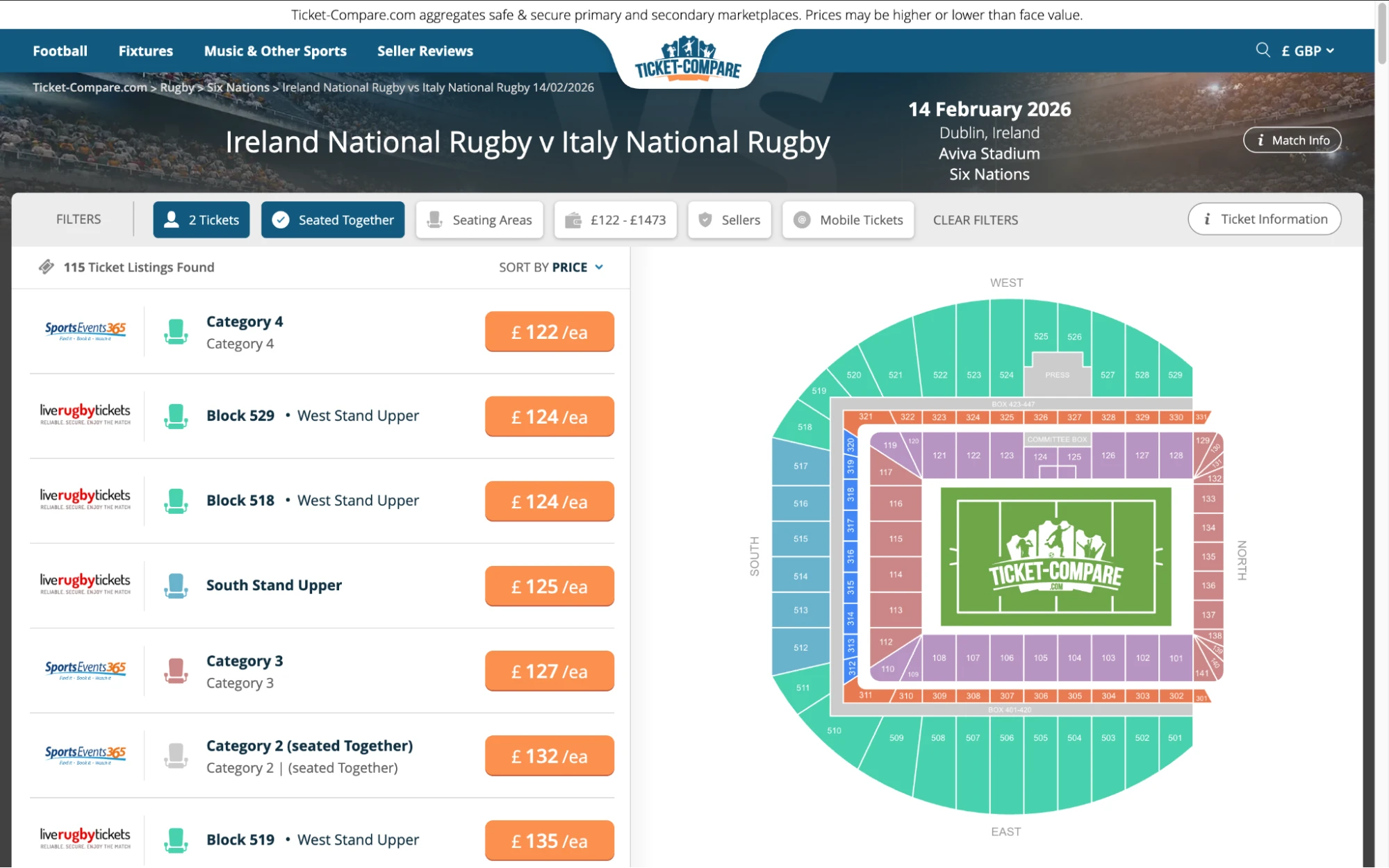 Screenshot of Ireland National Rugby v Italy National Rugby tickets page on fy-nraig.net