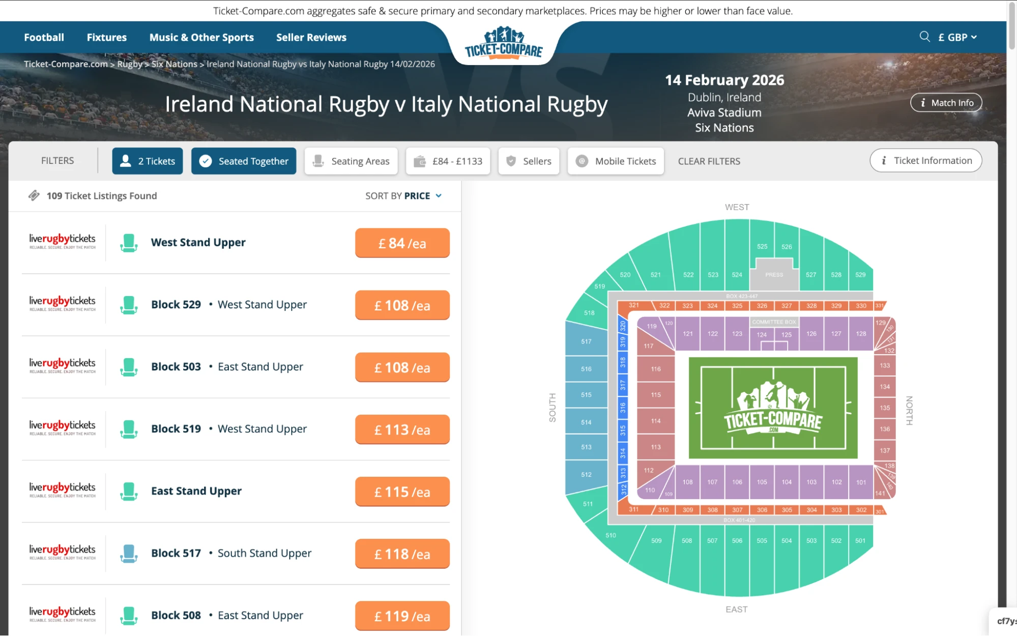 Screenshot of Ireland National Rugby v Italy National Rugby tickets page on fy-nraig.net