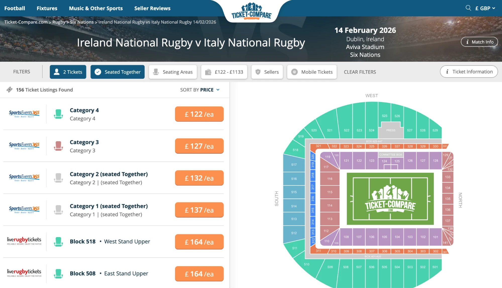 Screenshot of Ireland National Rugby v Italy National Rugby tickets page on fy-nraig.net