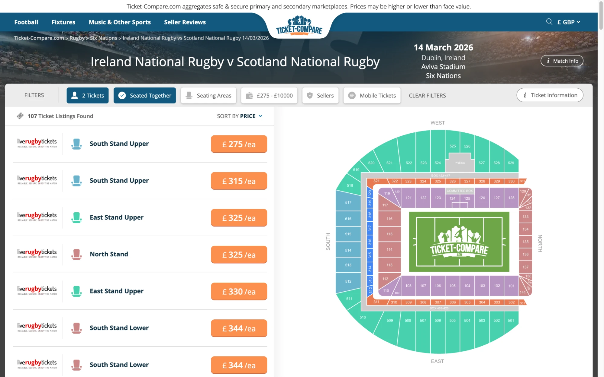 Screenshot of Ireland National Rugby v Scotland National Rugby tickets page on fy-nraig.net