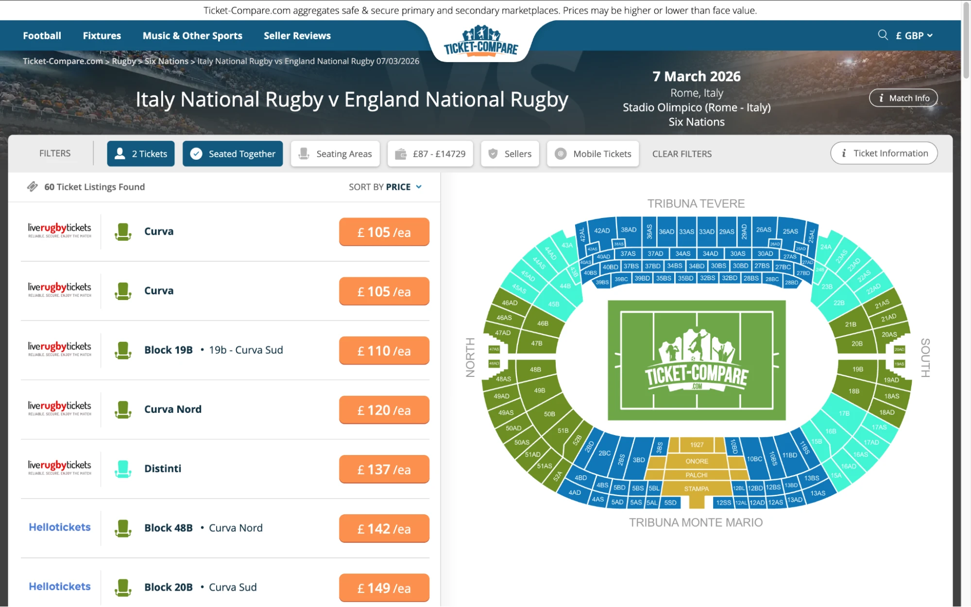 Screenshot of Italy National Rugby v England National Rugby tickets page on fy-nraig.net