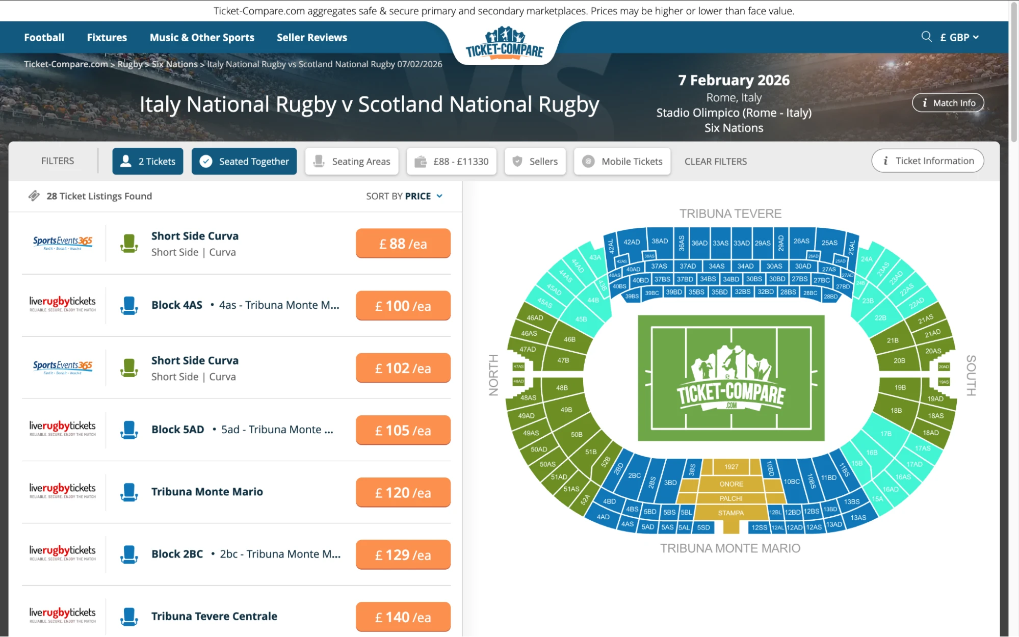 Screenshot of Italy National Rugby v Scotland National Rugby tickets page on fy-nraig.net