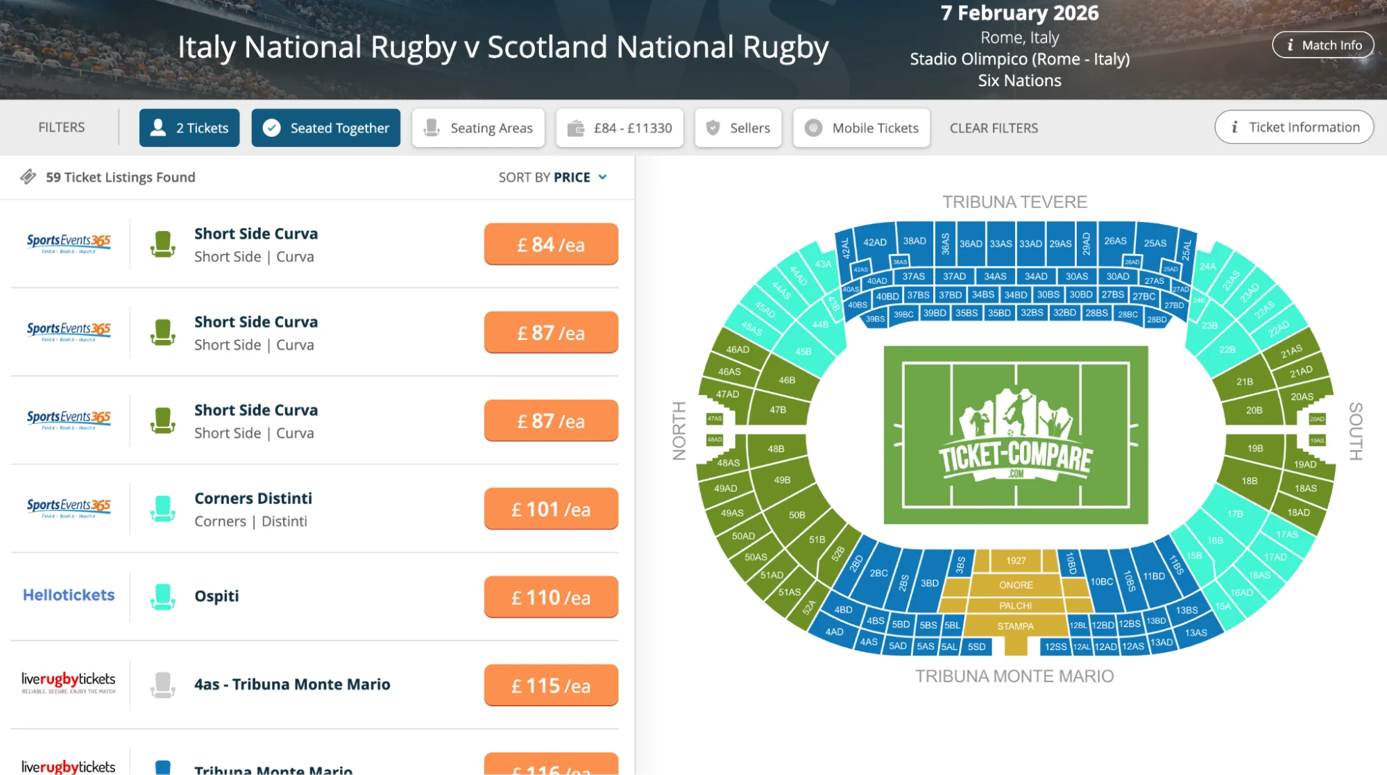 Screenshot of Italy National Rugby v Scotland National Rugby tickets page on fy-nraig.net