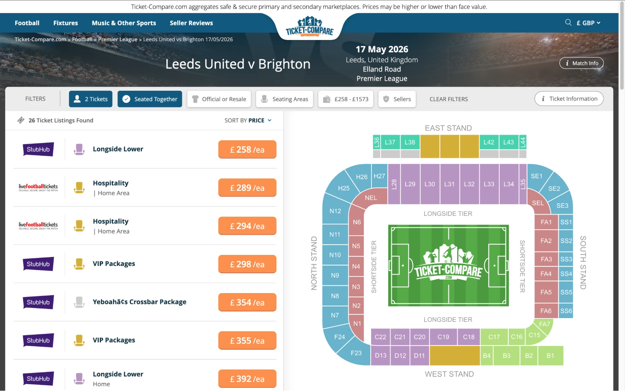 Screenshot of Leeds United v Brightron tickets page on fy-nraig.net