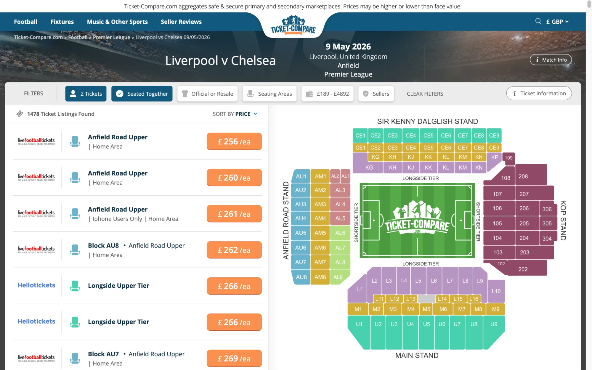 Screenshot of Liverpool v Chelsea tickets page on fy-nraig.net