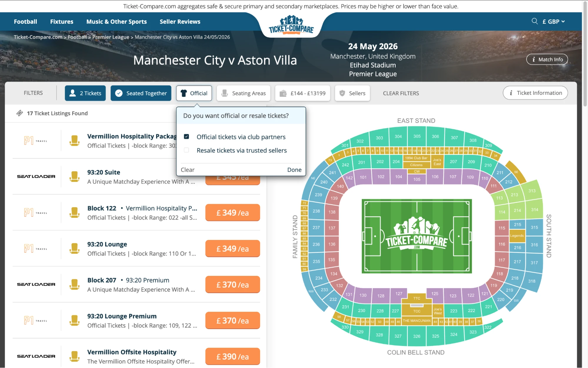 Screenshot of Manchester City v Aston Villa tickets page on fy-nraig.net