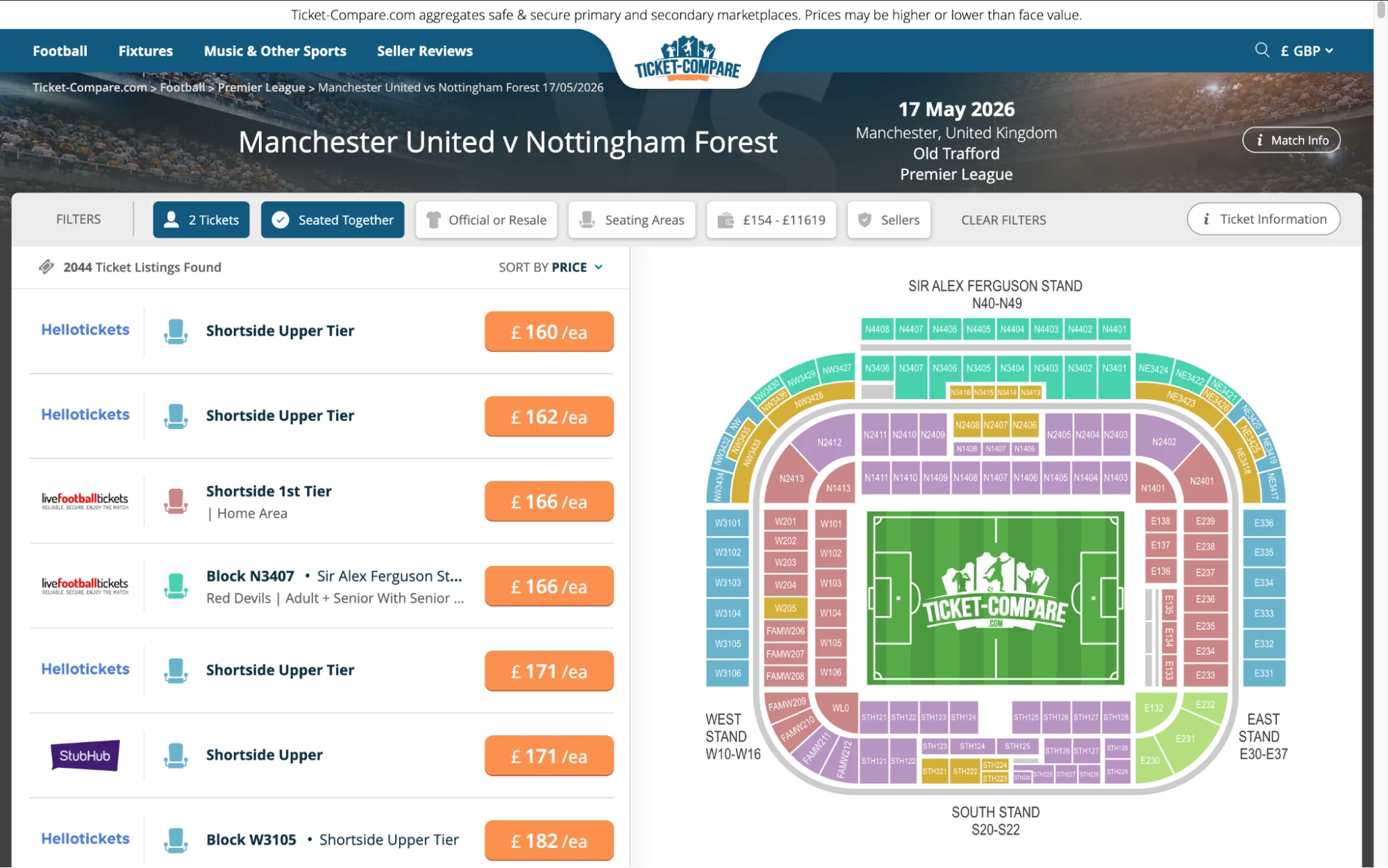 Screenshot of Manchester United v Nottinham Forest tickets page on fy-nraig.net
