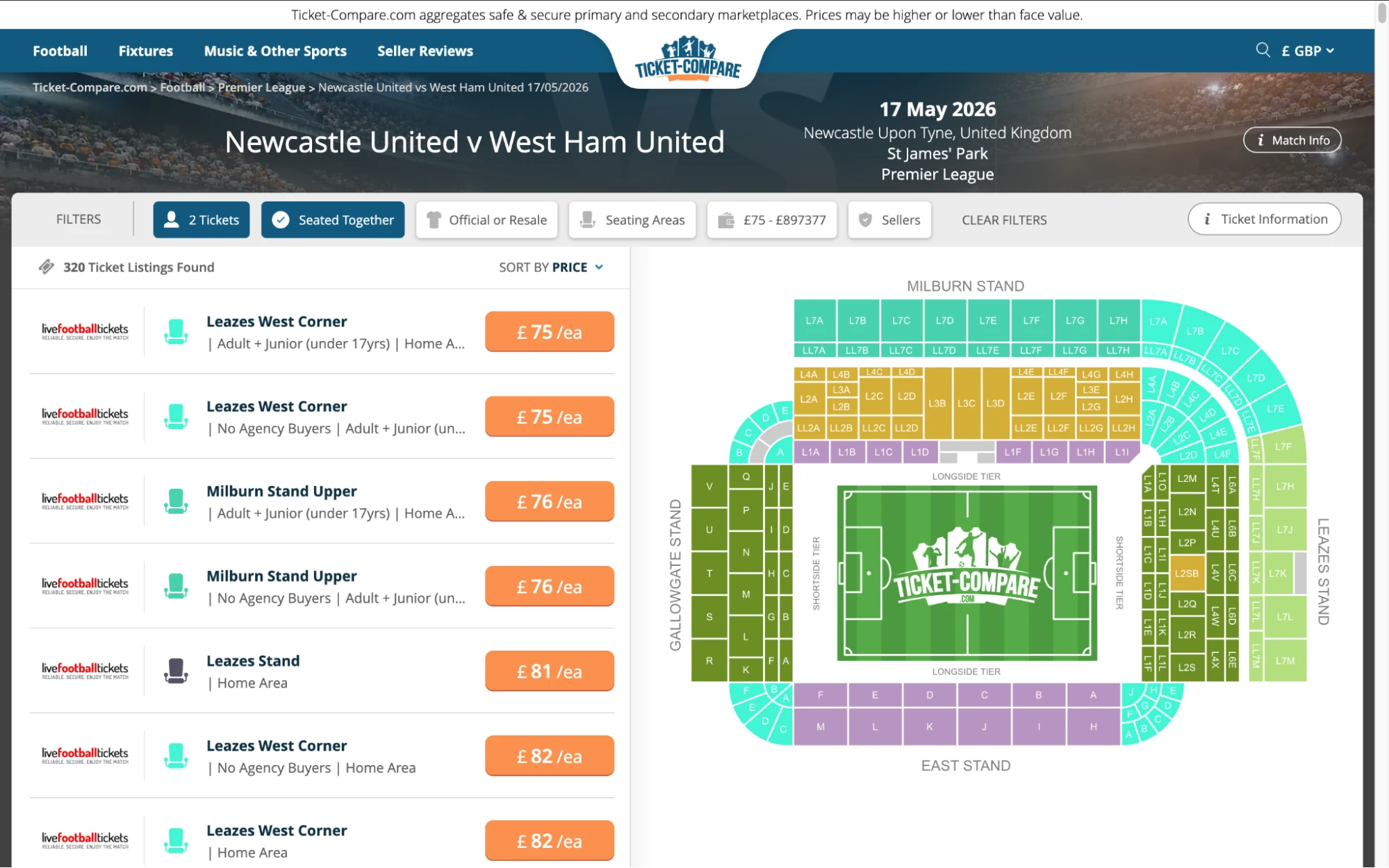 Screenshot of Newcastle United v West Ham tickets page on fy-nraig.net