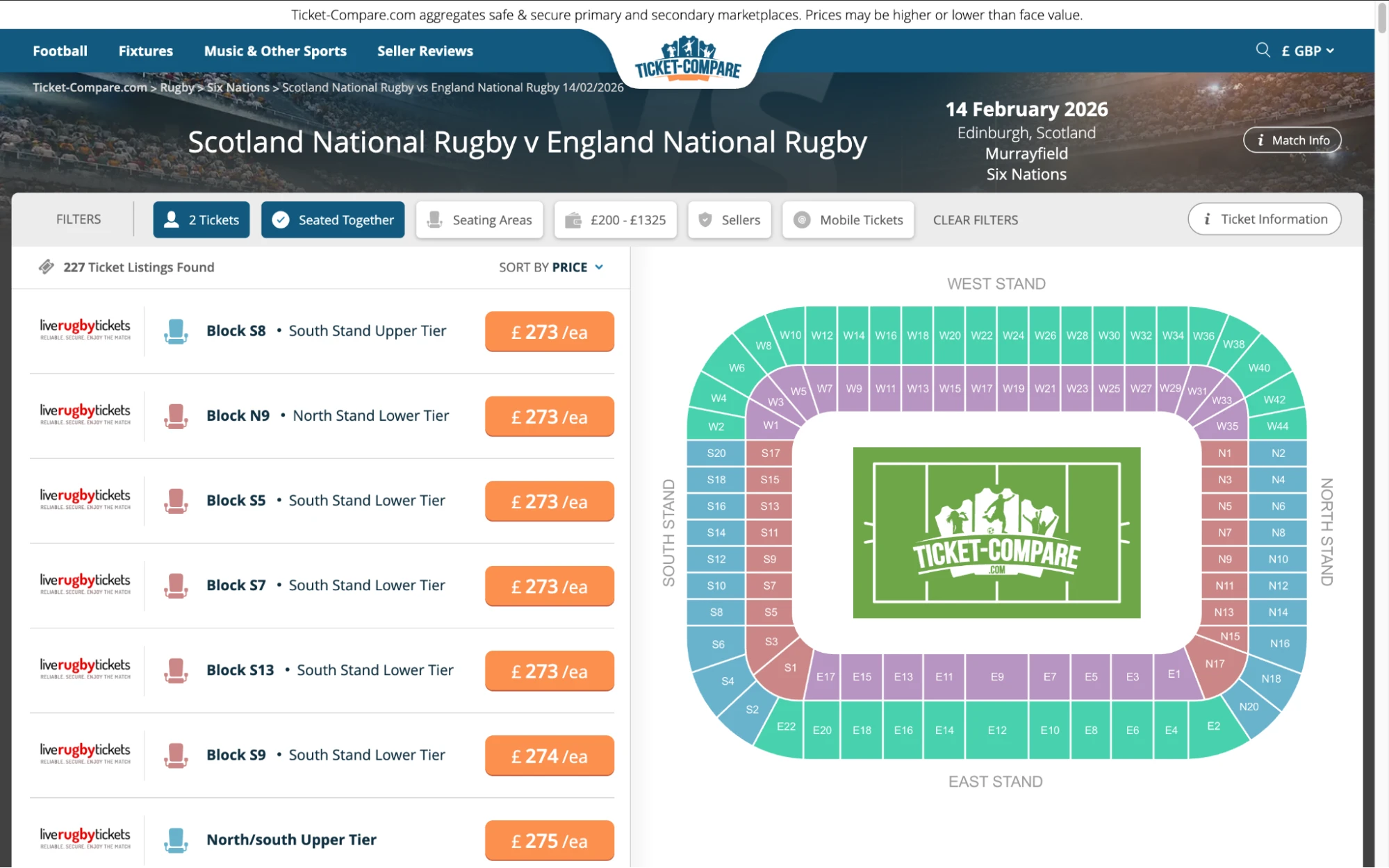 Screenshot of Scotland National Rugby v England National Rugby tickets page on fy-nraig.net
