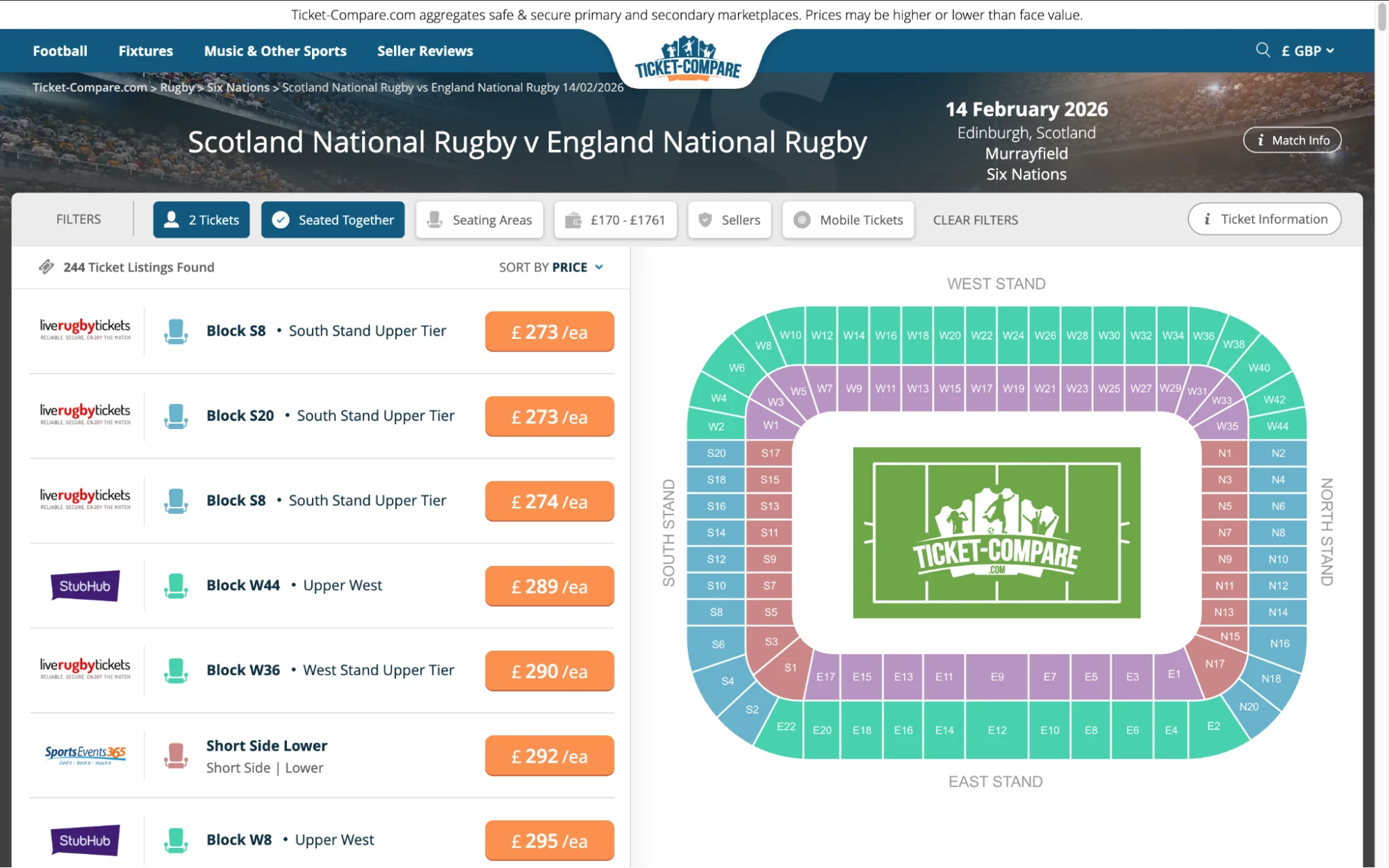 Screenshot of Scotland National Rugby v England National Rugby tickets page on fy-nraig.net