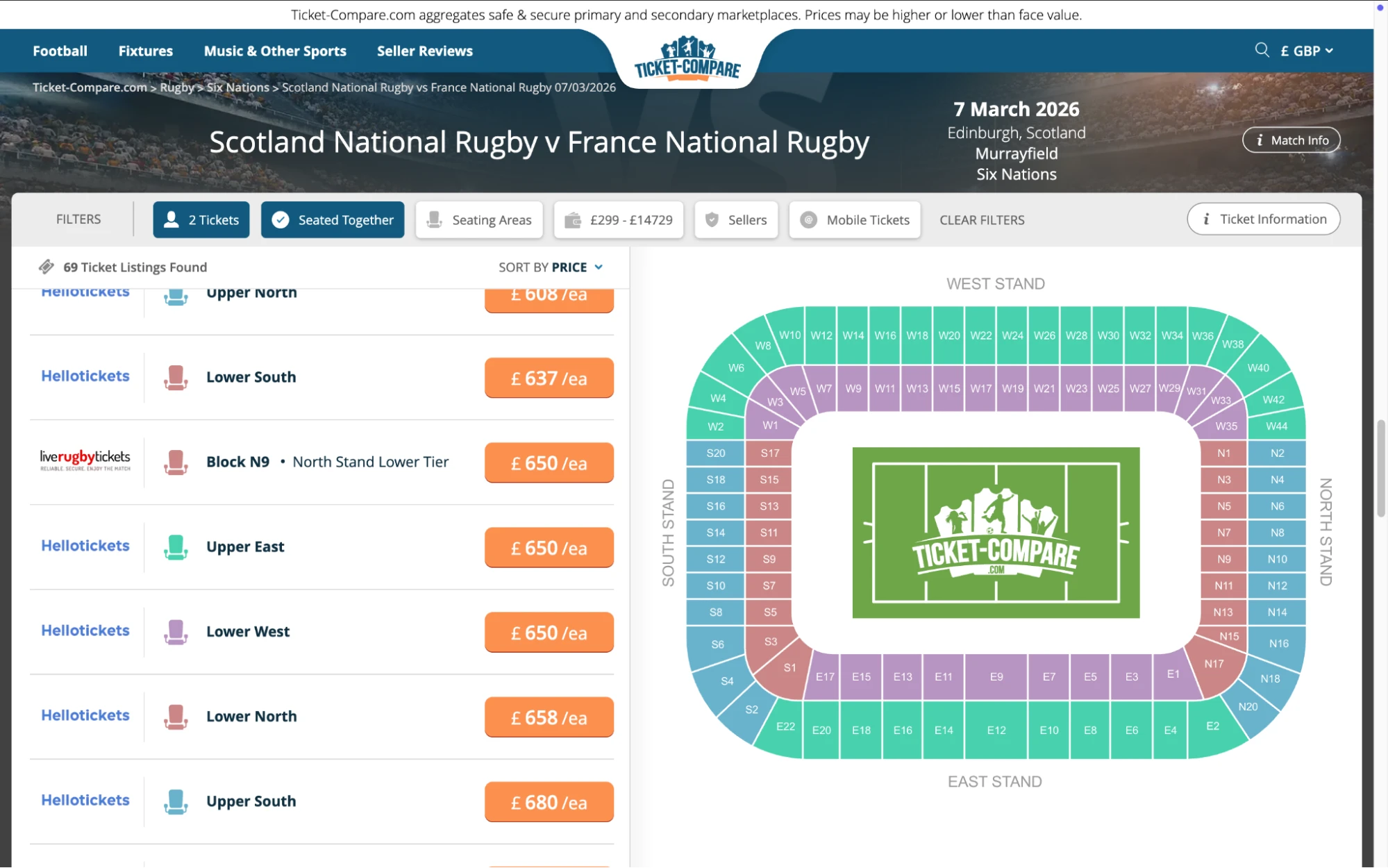 Screenshot of Scotland National Rugby v France National Rugby tickets page on fy-nraig.net