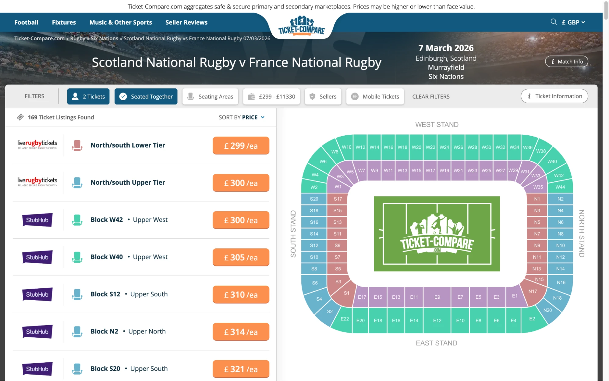 Screenshot of Scotland National Rugby v France Six Nations Rugby tickets page on fy-nraig.net