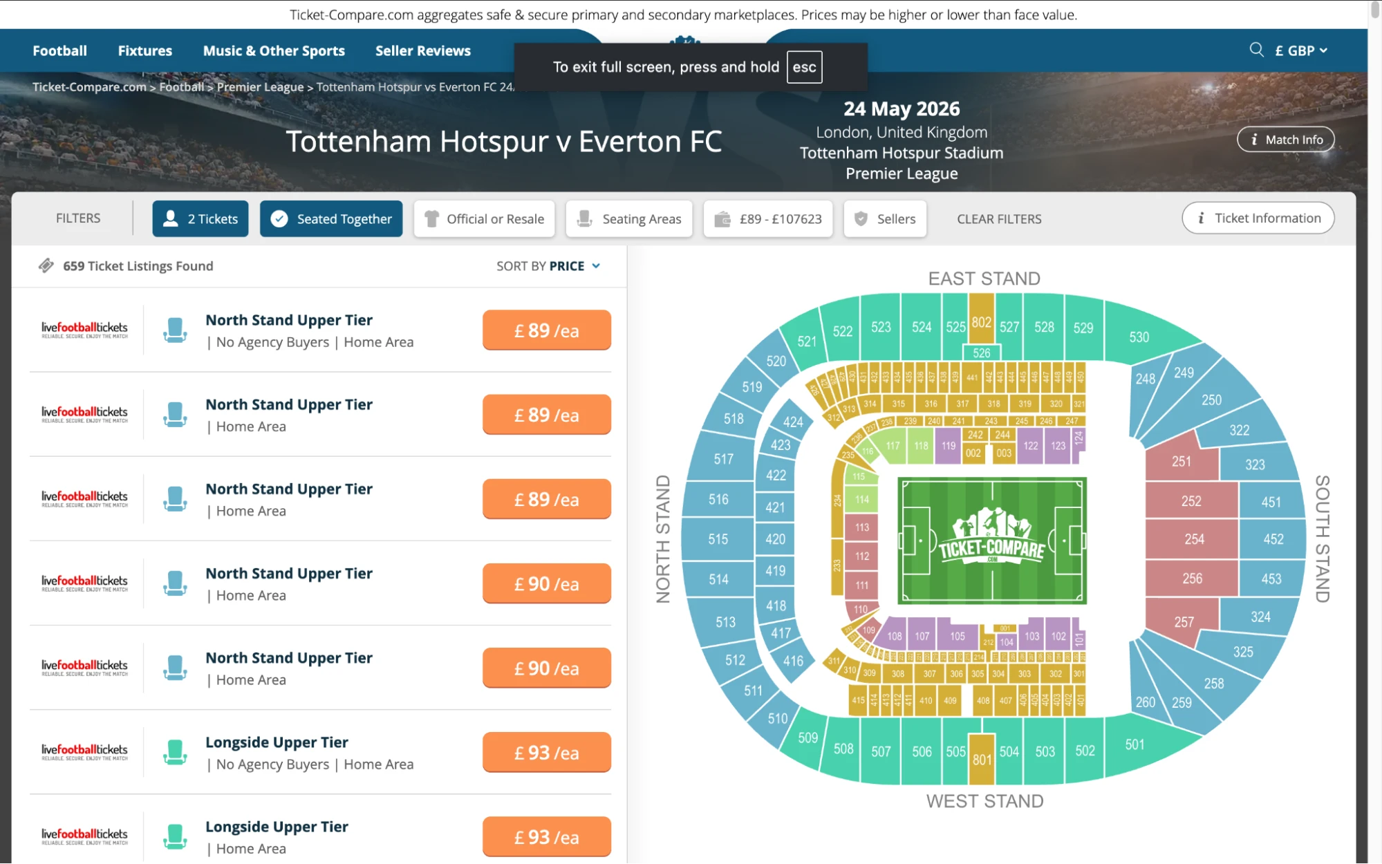Screenshot of Tottenham Hotspur v Everton tickets page on fy-nraig.net