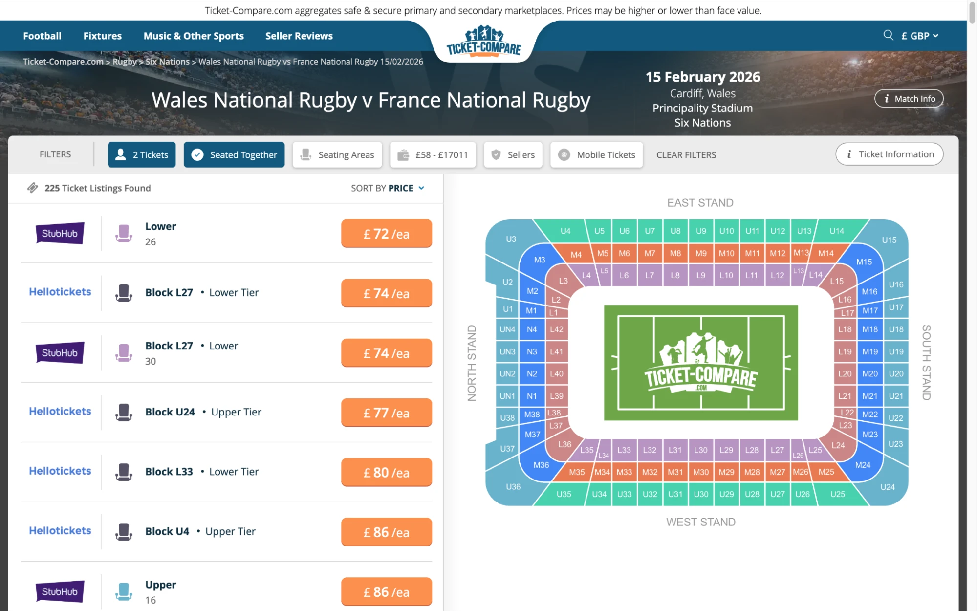 Screenshot of Wales National Rugby v France National Rugby tickets page on fy-nraig.net