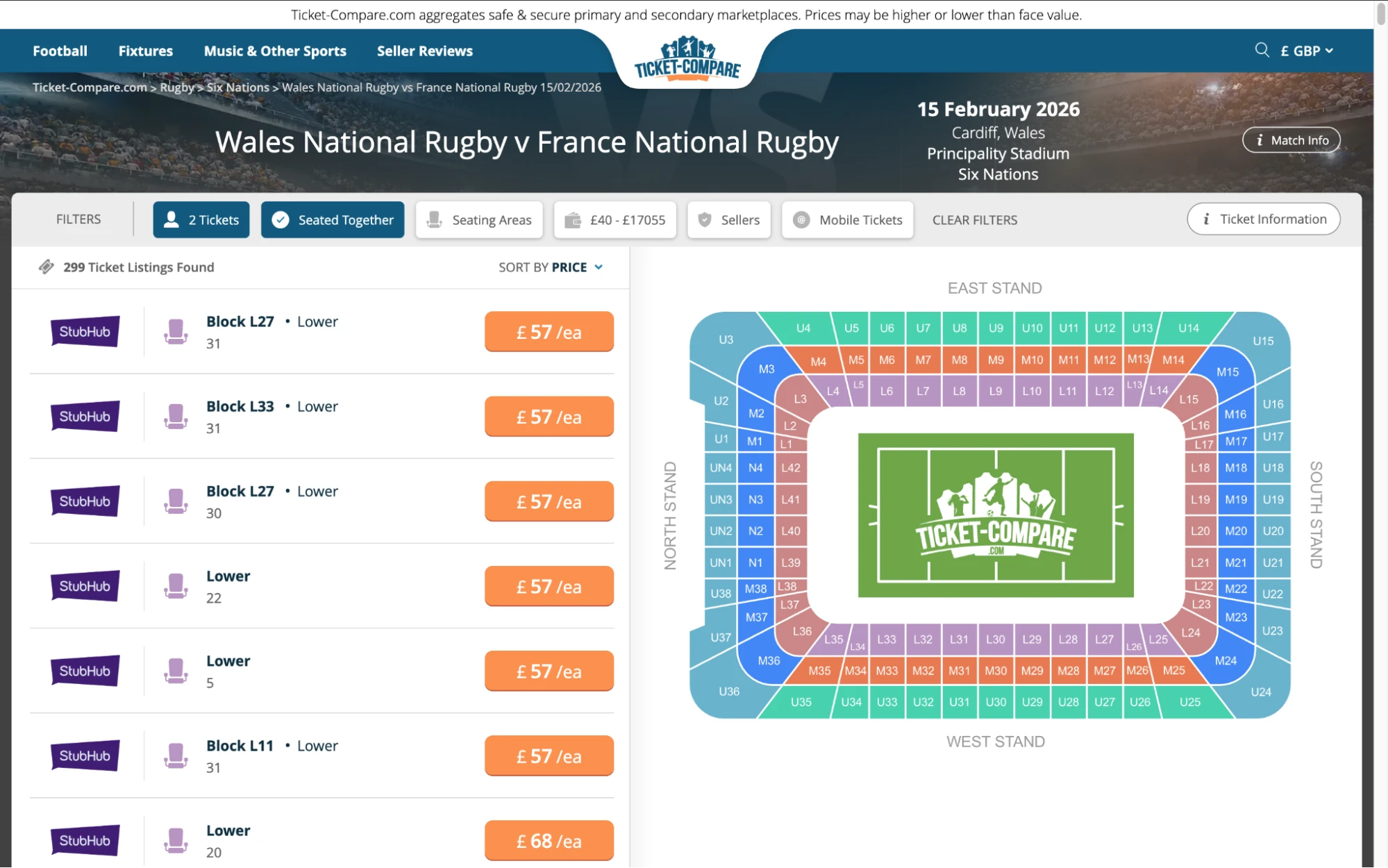 Screenshot of Wales National Rugby v France National Rugby tickets page on fy-nraig.net
