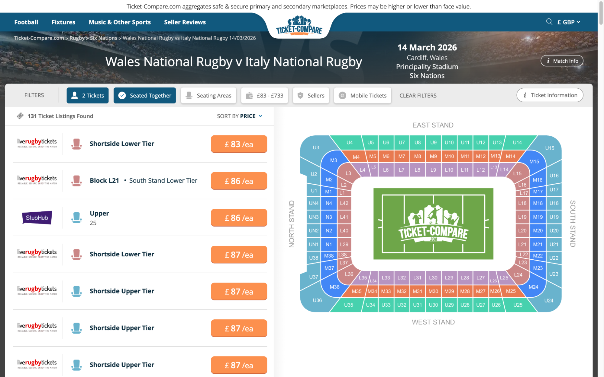 Screenshot of Wales National Rugby v Italy National Rugby tickets page on fy-nraig.net