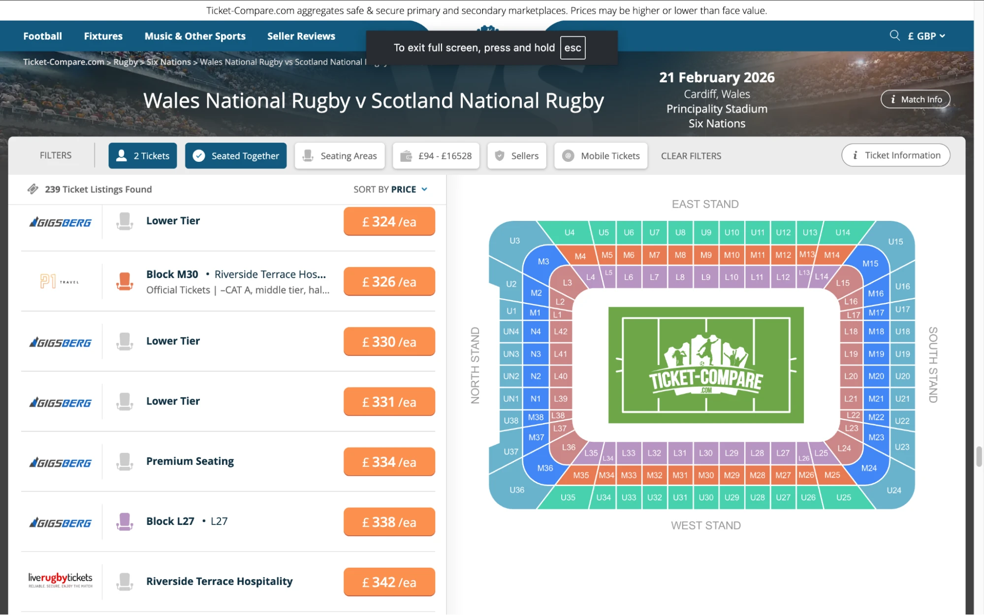Screenshot of Wales National Rugby v Scotland National Rugby tickets page on fy-nraig.net