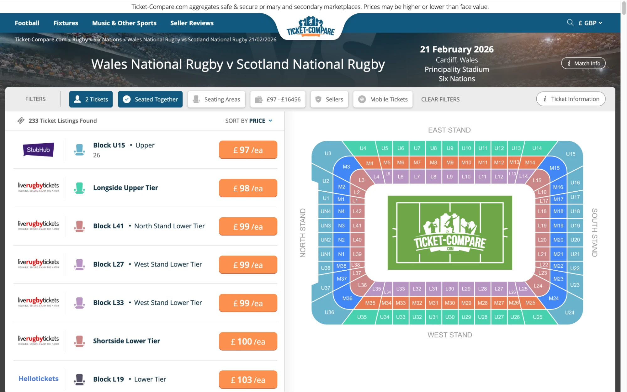Screenshot of Wales National Rugby v Scotland National Rugby tickets page on fy-nraig.net