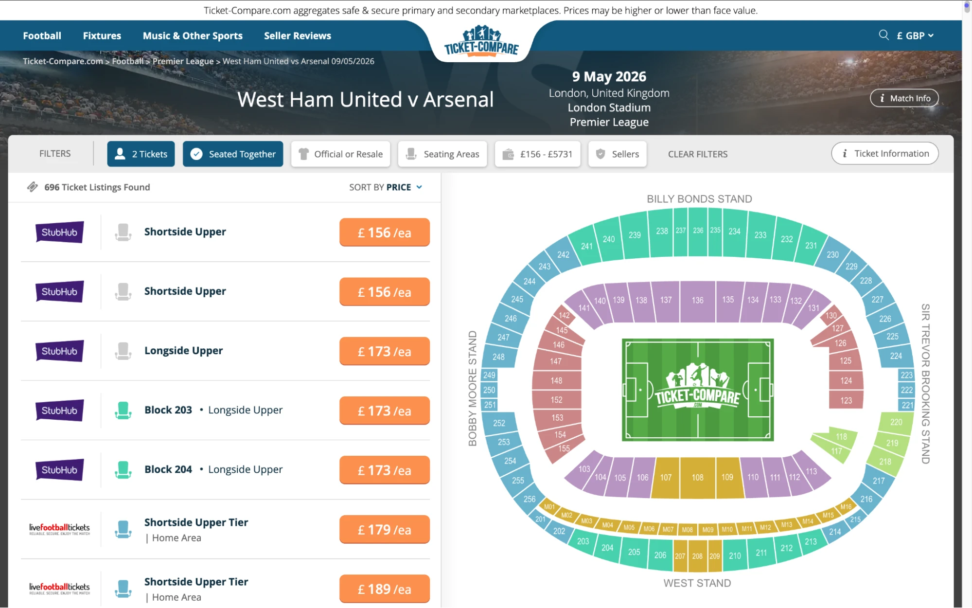 Screenshot of West Ham United v Arsenal tickets page on fy-nraig.net