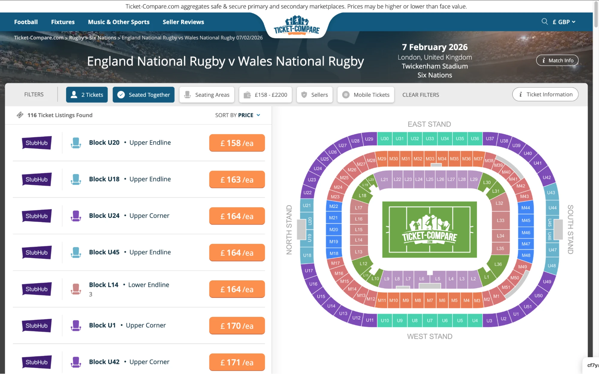 screenshot of England National Rugby v Wales National Rugby tickets page on fy-nraig.net
