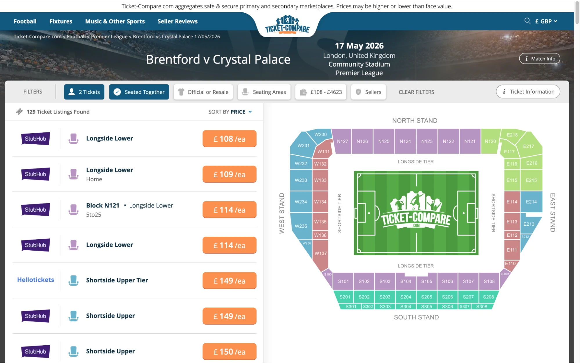 Screenshot of Brentford v Crystal Palace tickets page on fy-nraig.net