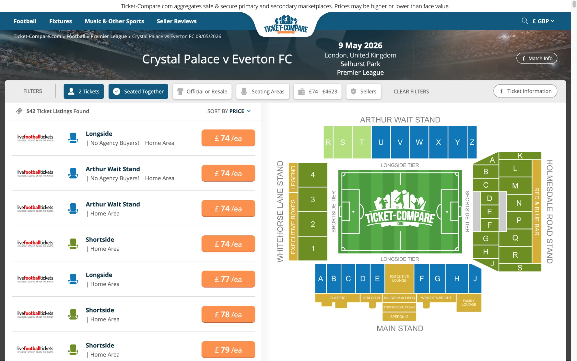 Screenshot of Crystal Palace v Everton FC tickets page on fy-nraig.net
