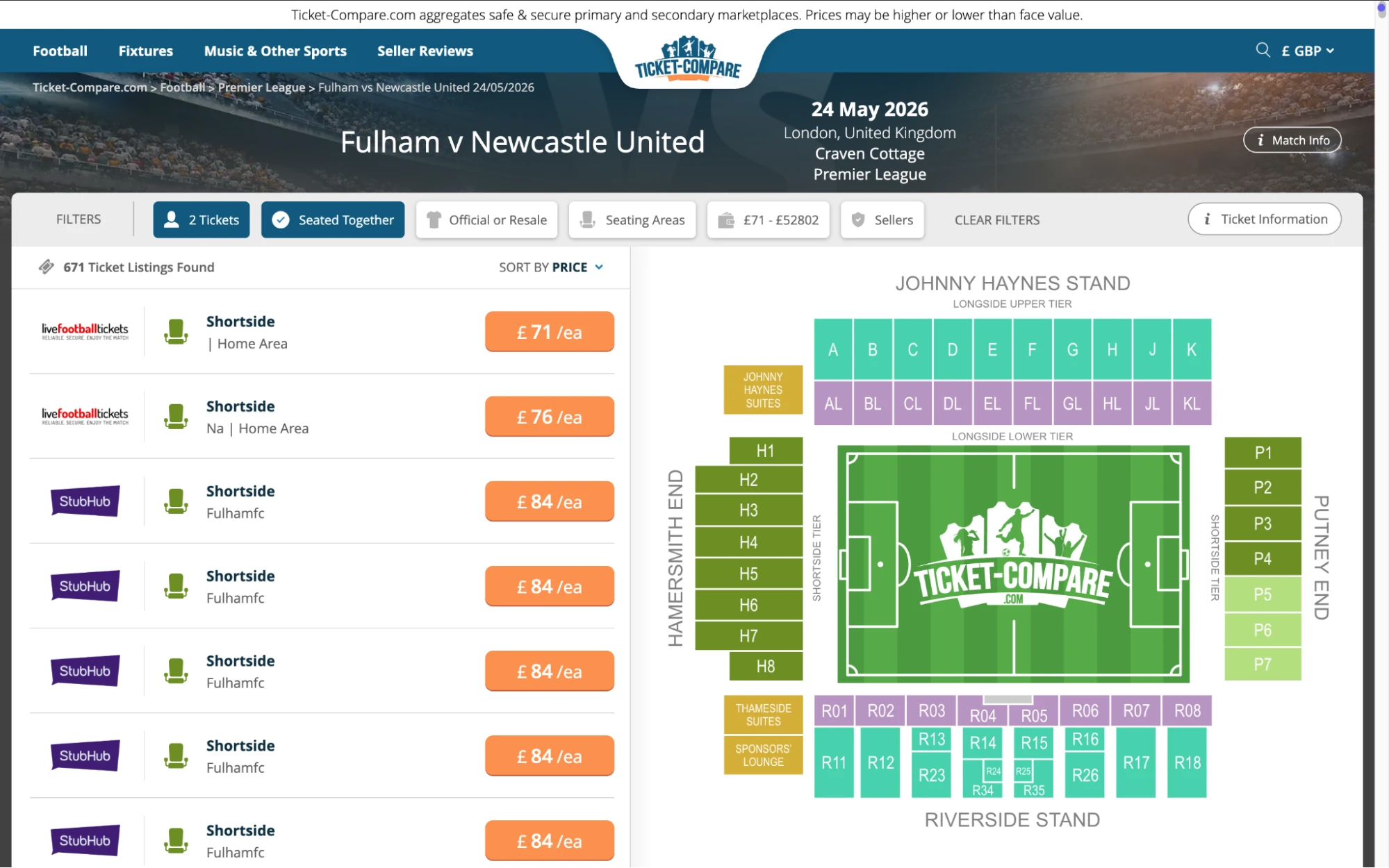 Screenshot of Fulham v Newcastle United tickets page on fy-nraig.net